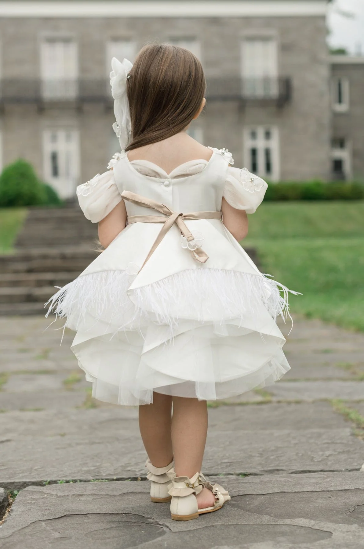 Constanza White Ceremony Dress with Champagne Bow - Image 11