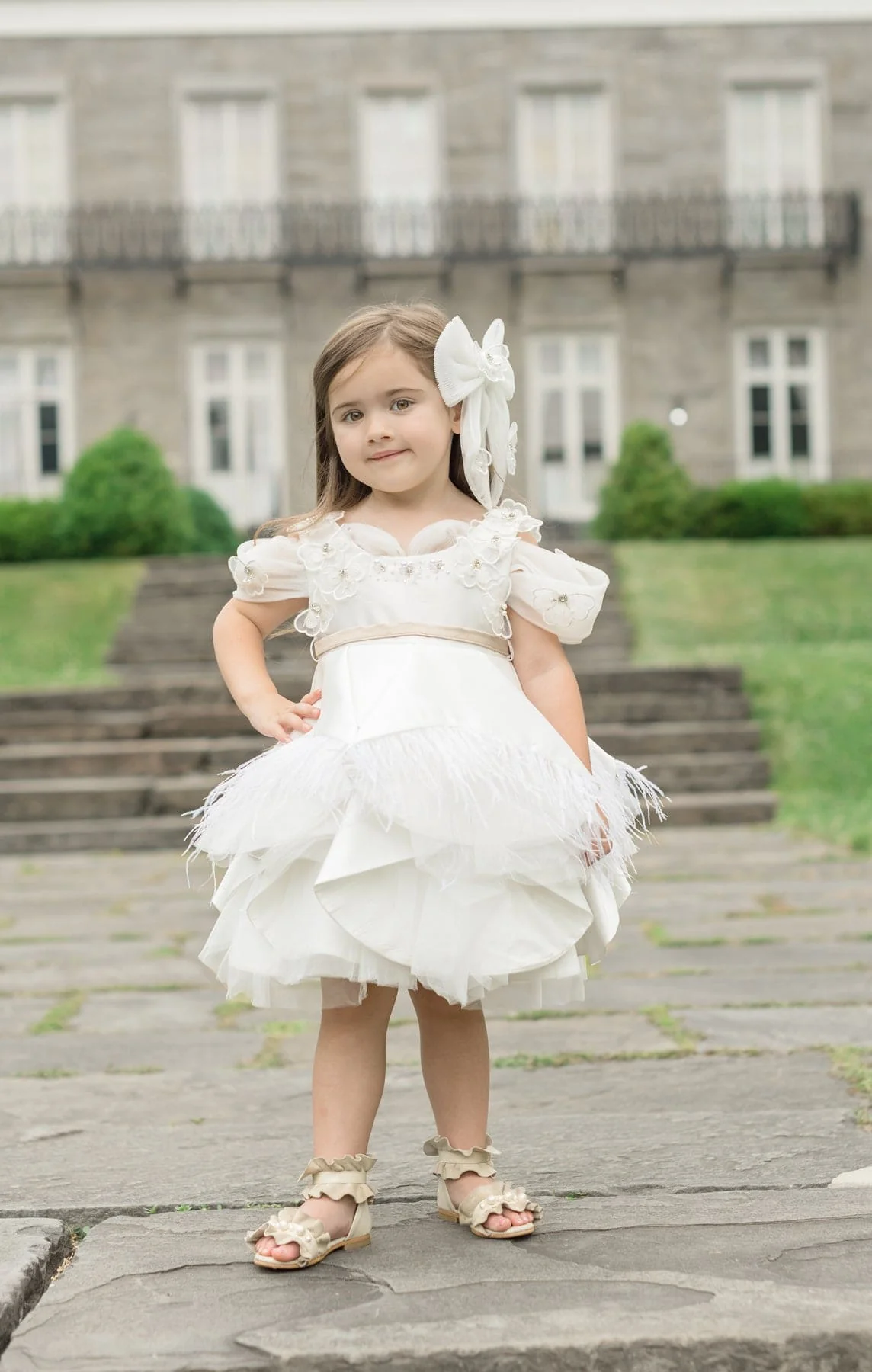 Constanza White Ceremony Dress with Champagne Bow - Image 3