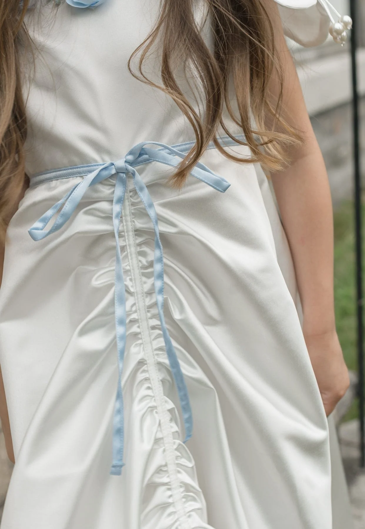 Daphne White Satin Dress with Blue Embroidery - Image 11