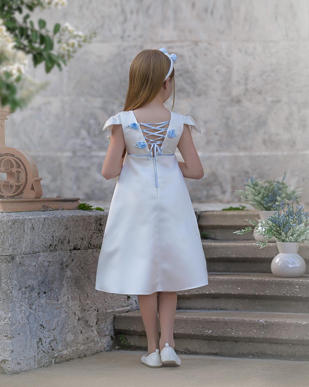 Daphne White Satin Dress with Blue Embroidery - Image 12