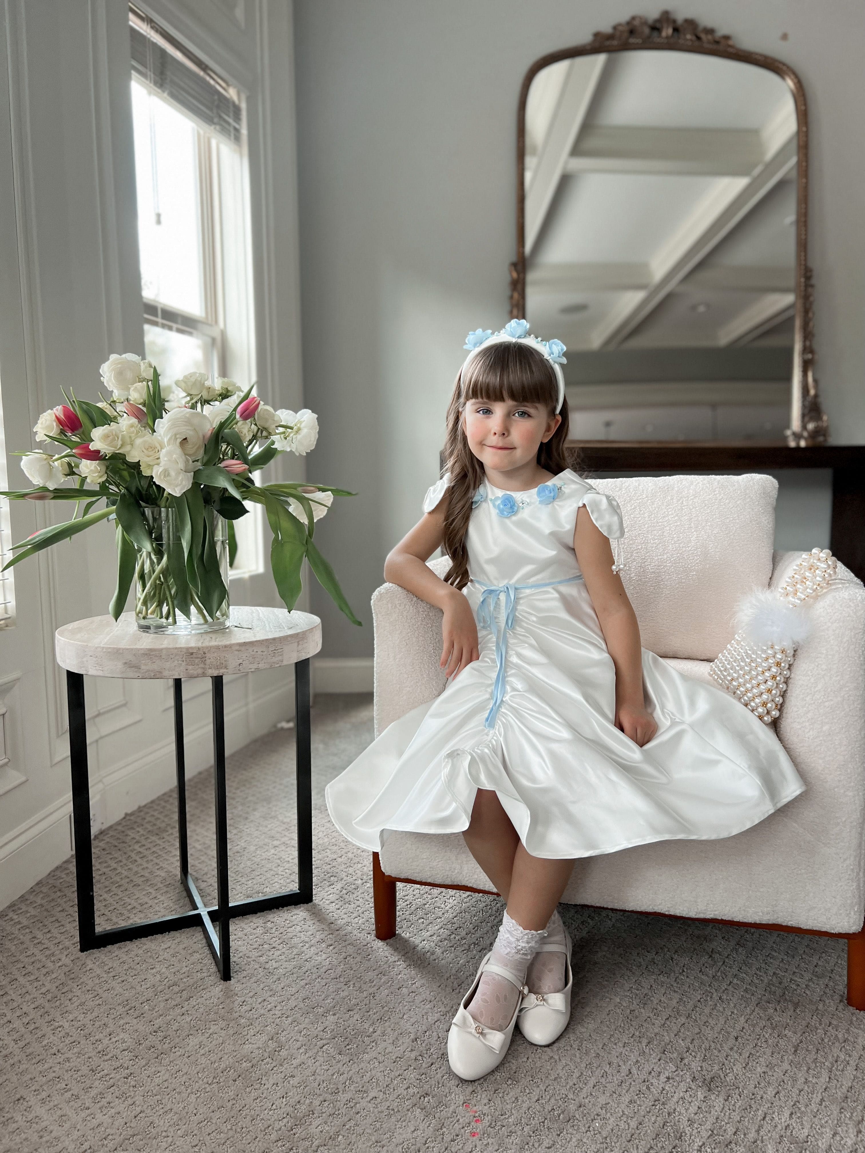Daphne White Satin Dress with Blue Embroidery - Image 14
