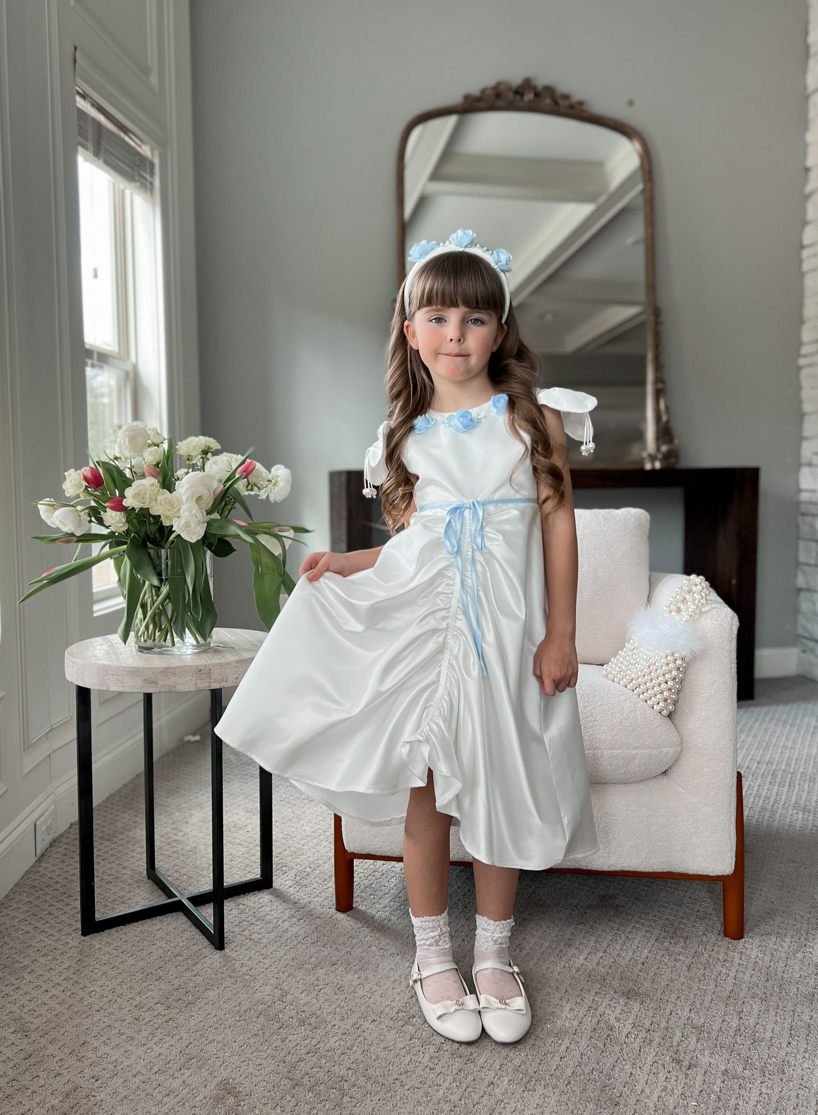 Daphne White Satin Dress with Blue Embroidery - Image 15