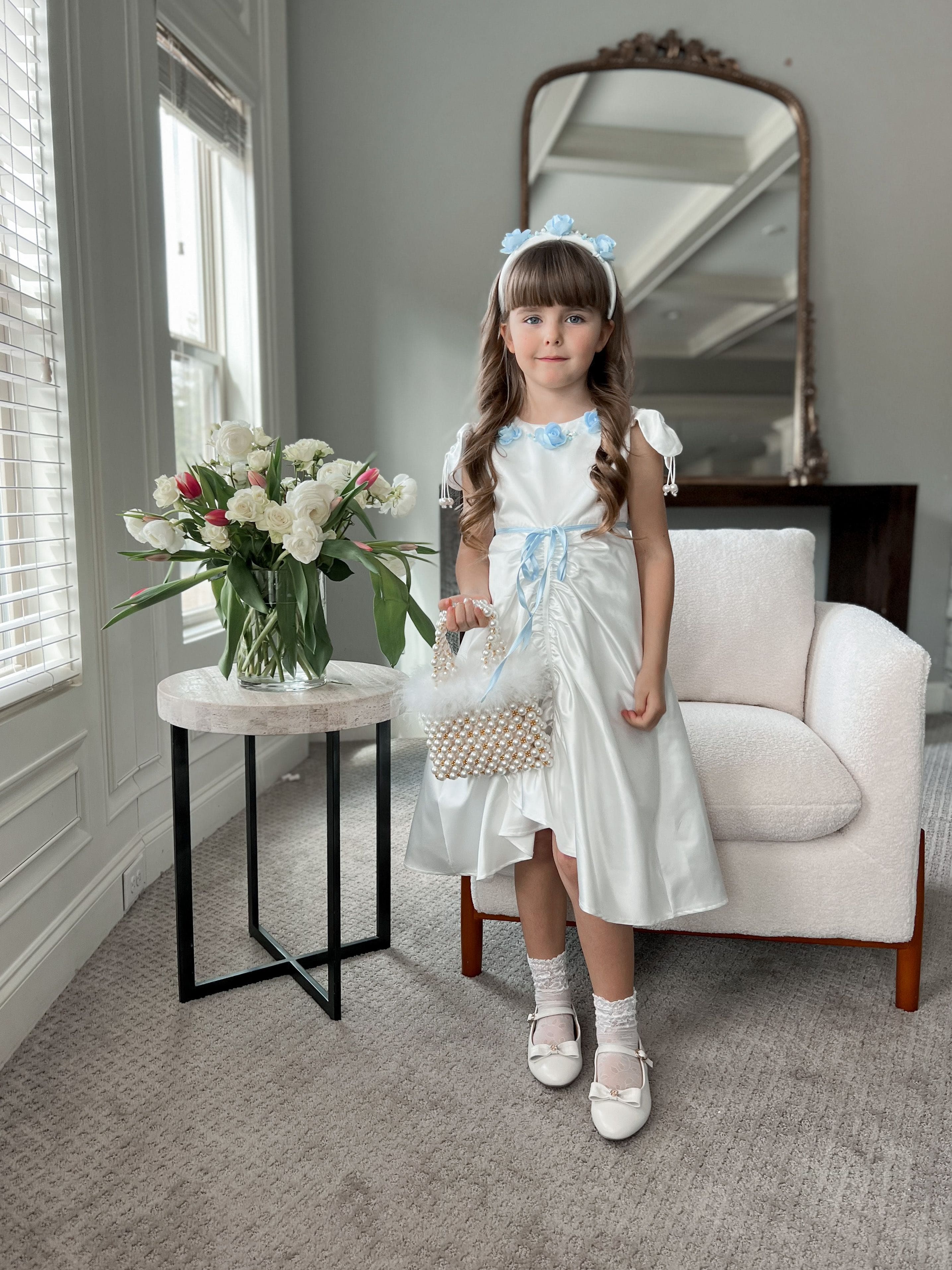 Daphne White Satin Dress with Blue Embroidery - Image 16