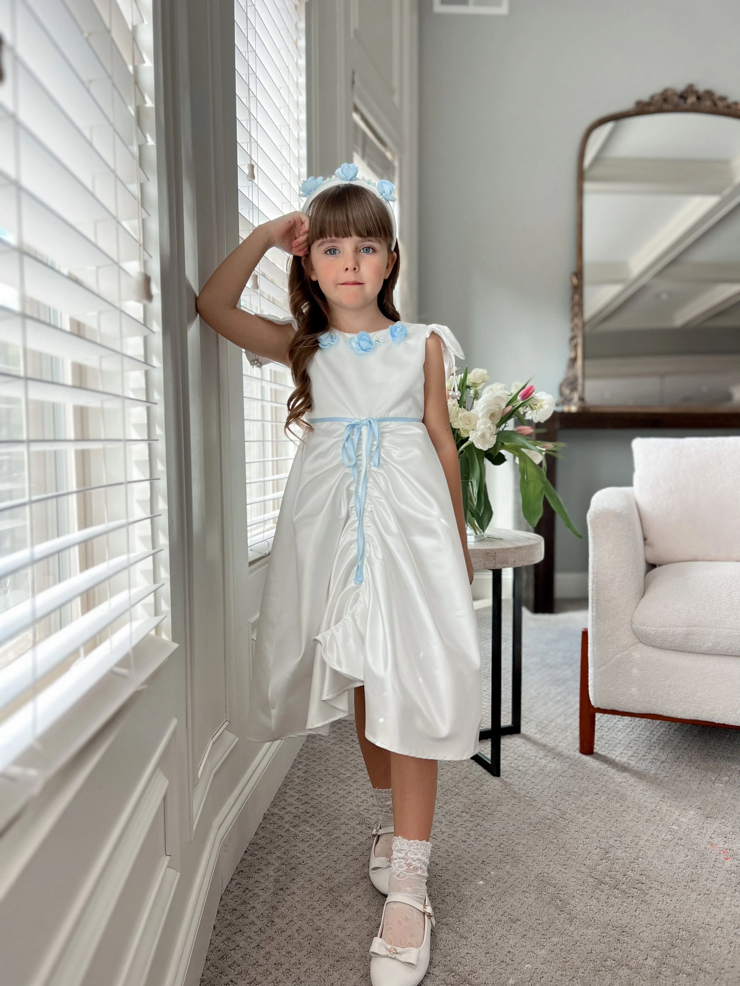 Daphne White Satin Dress with Blue Embroidery - Image 17