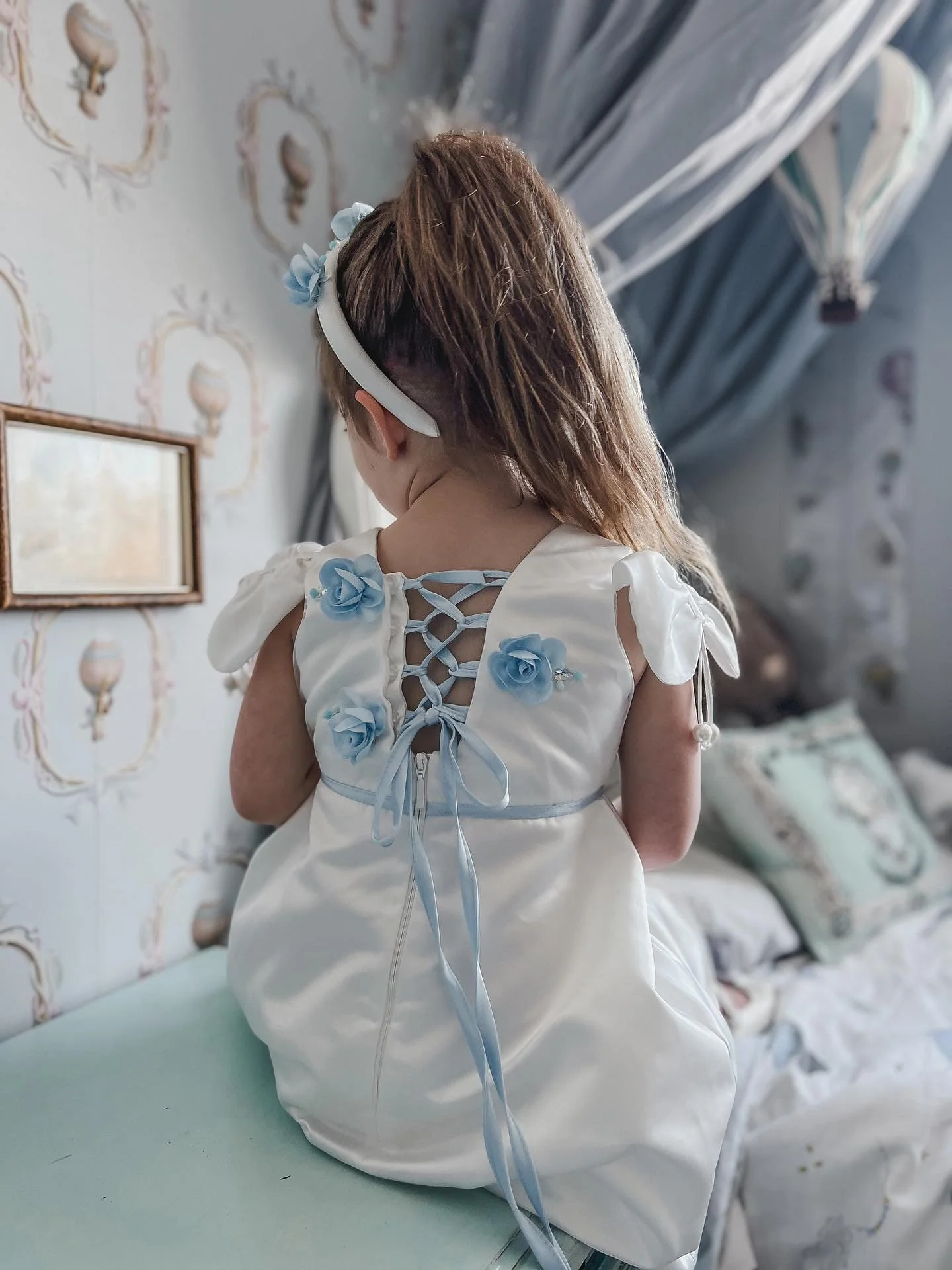Daphne White Satin Dress with Blue Embroidery - Image 18