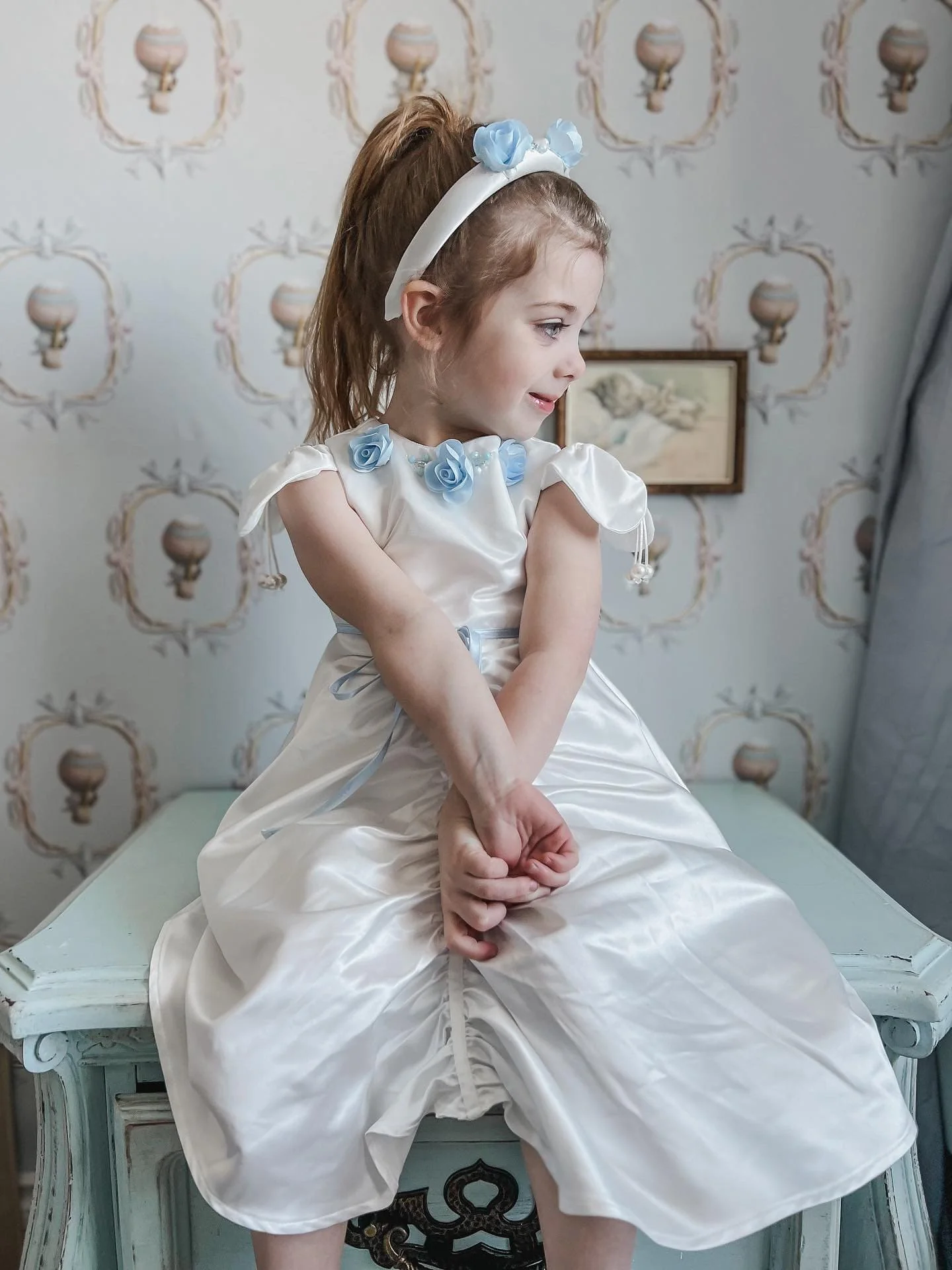 Daphne White Satin Dress with Blue Embroidery - Image 19