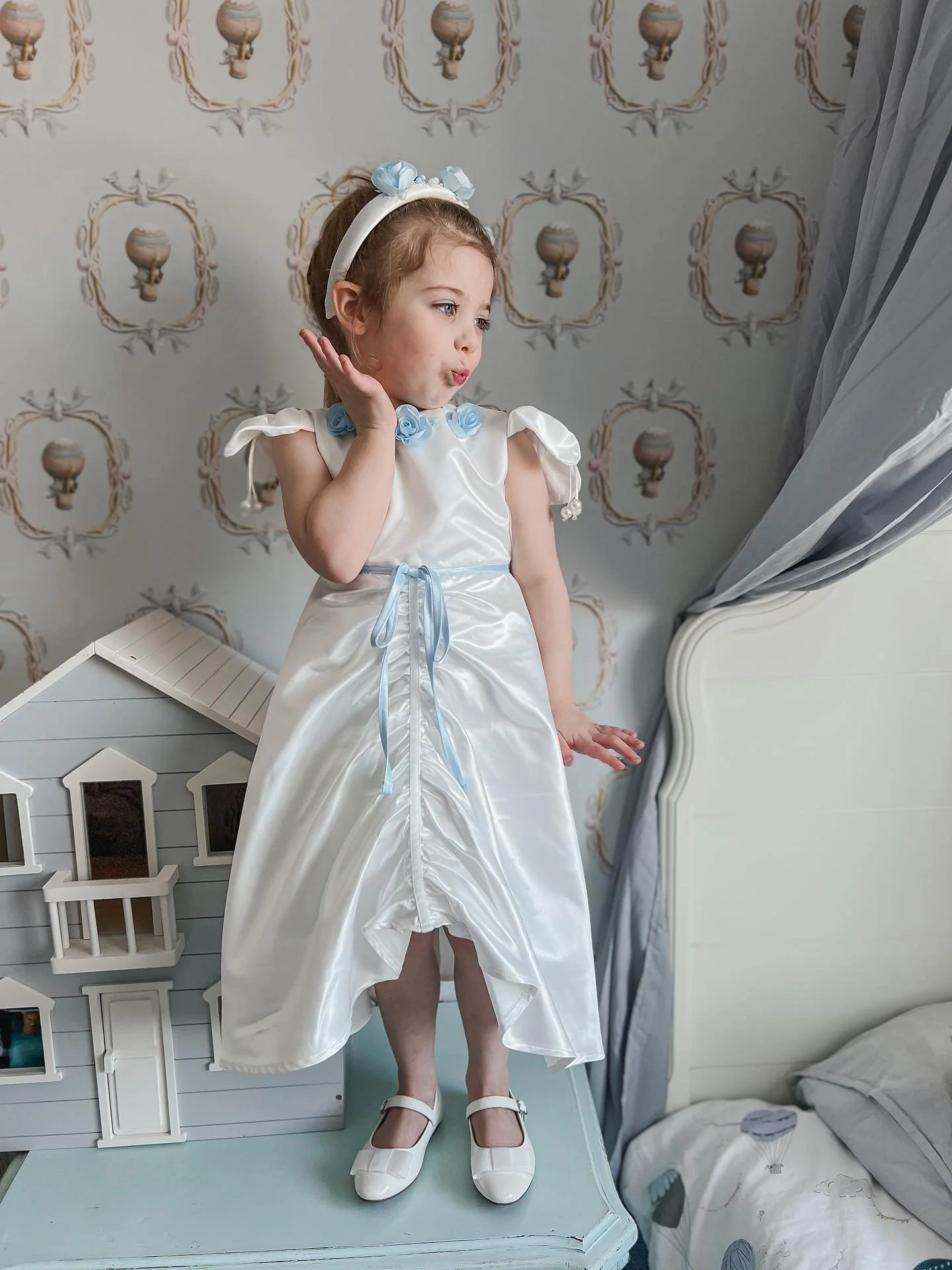 Daphne White Satin Dress with Blue Embroidery - Image 20
