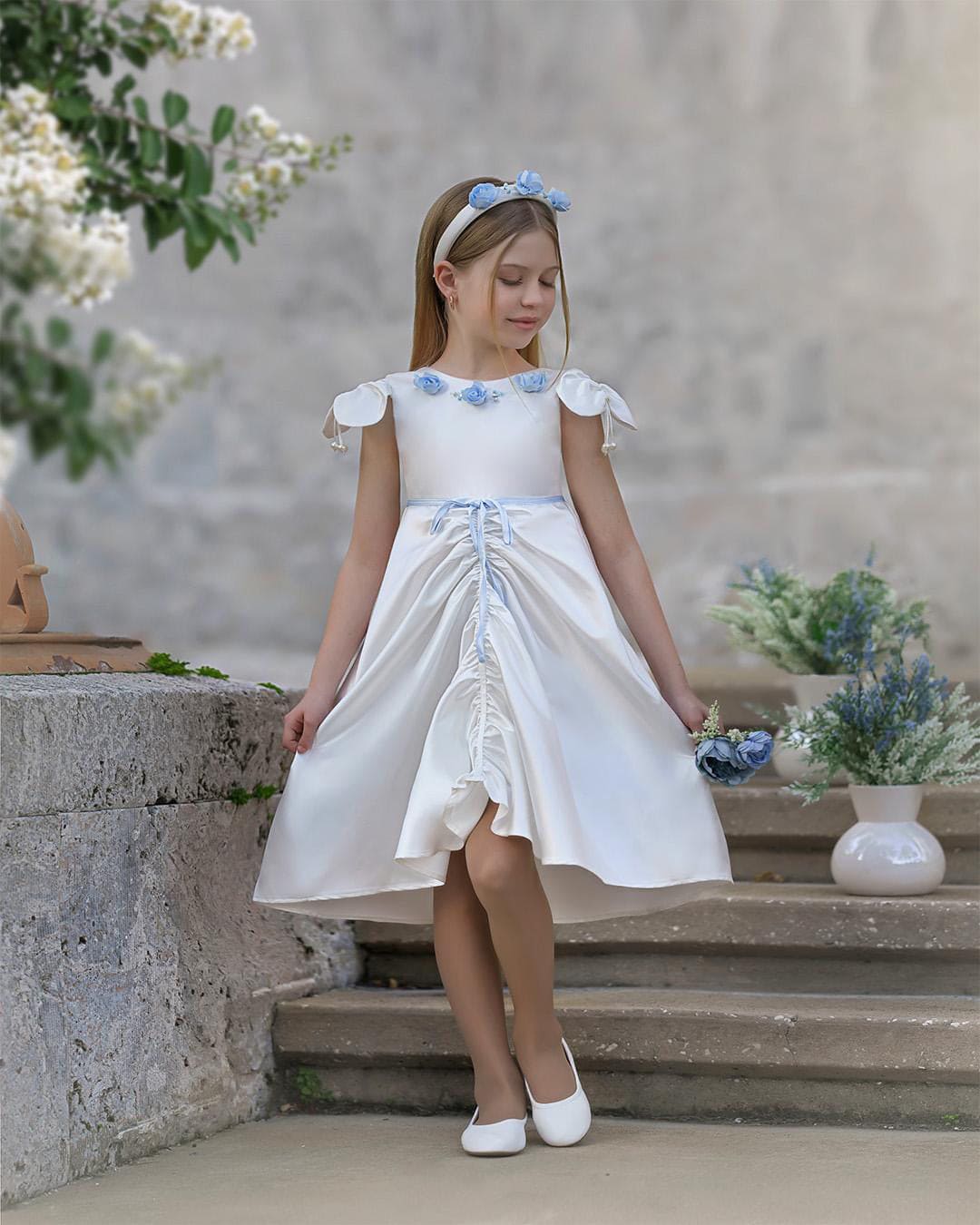 Daphne White Satin Dress with Blue Embroidery - Image 21