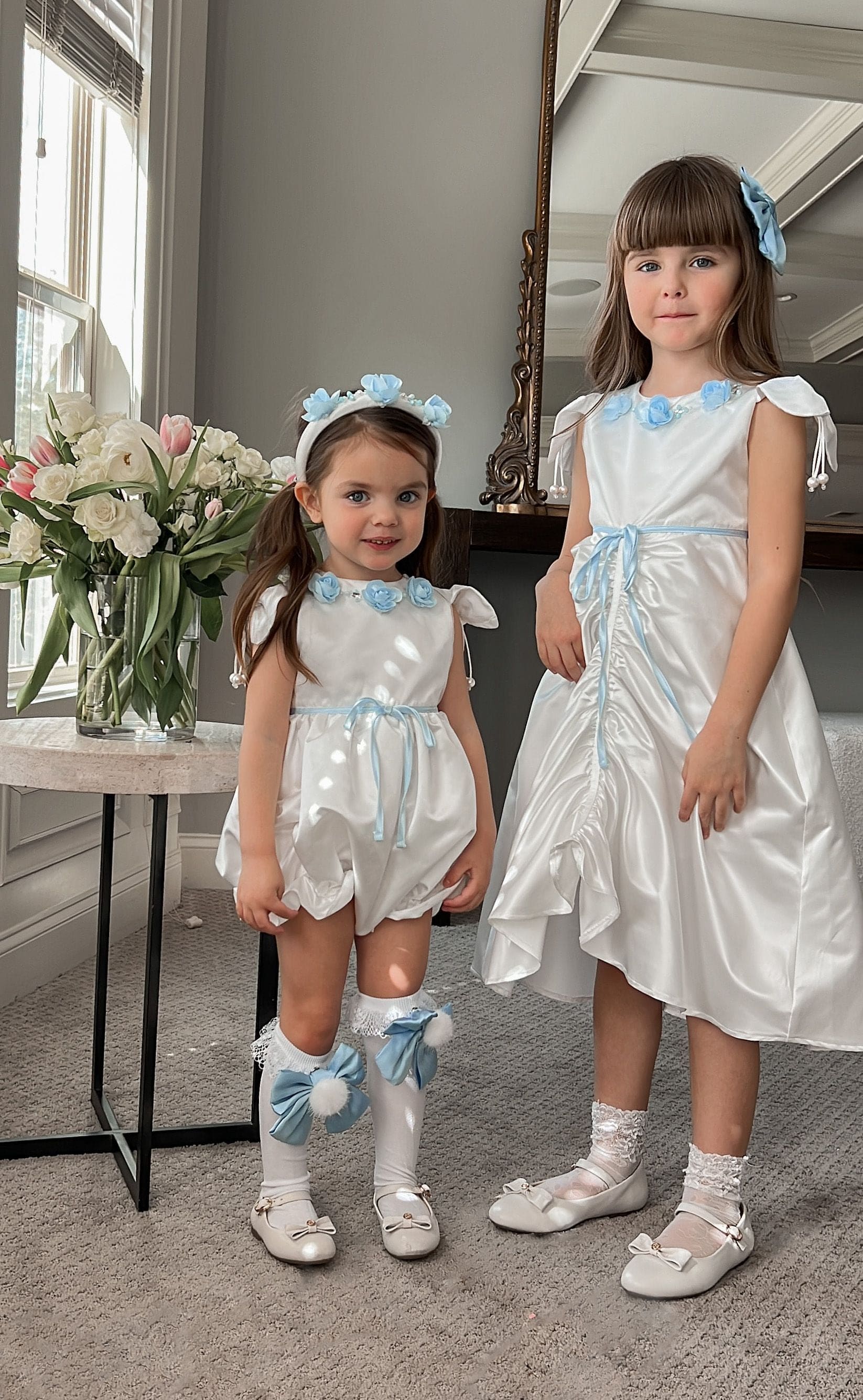 Daphne White Satin Dress with Blue Embroidery - Image 23