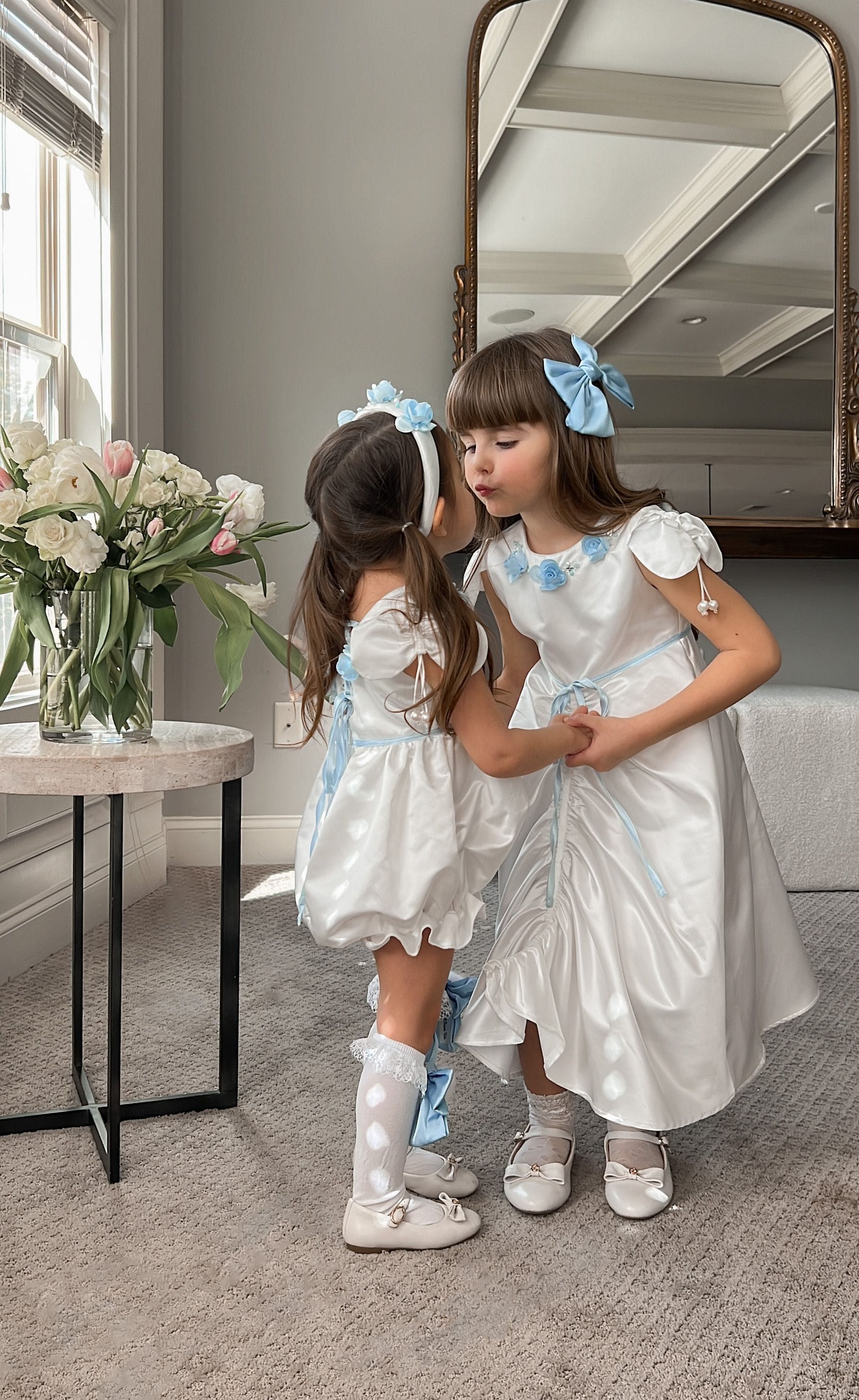 Daphne White Satin Dress with Blue Embroidery - Image 25