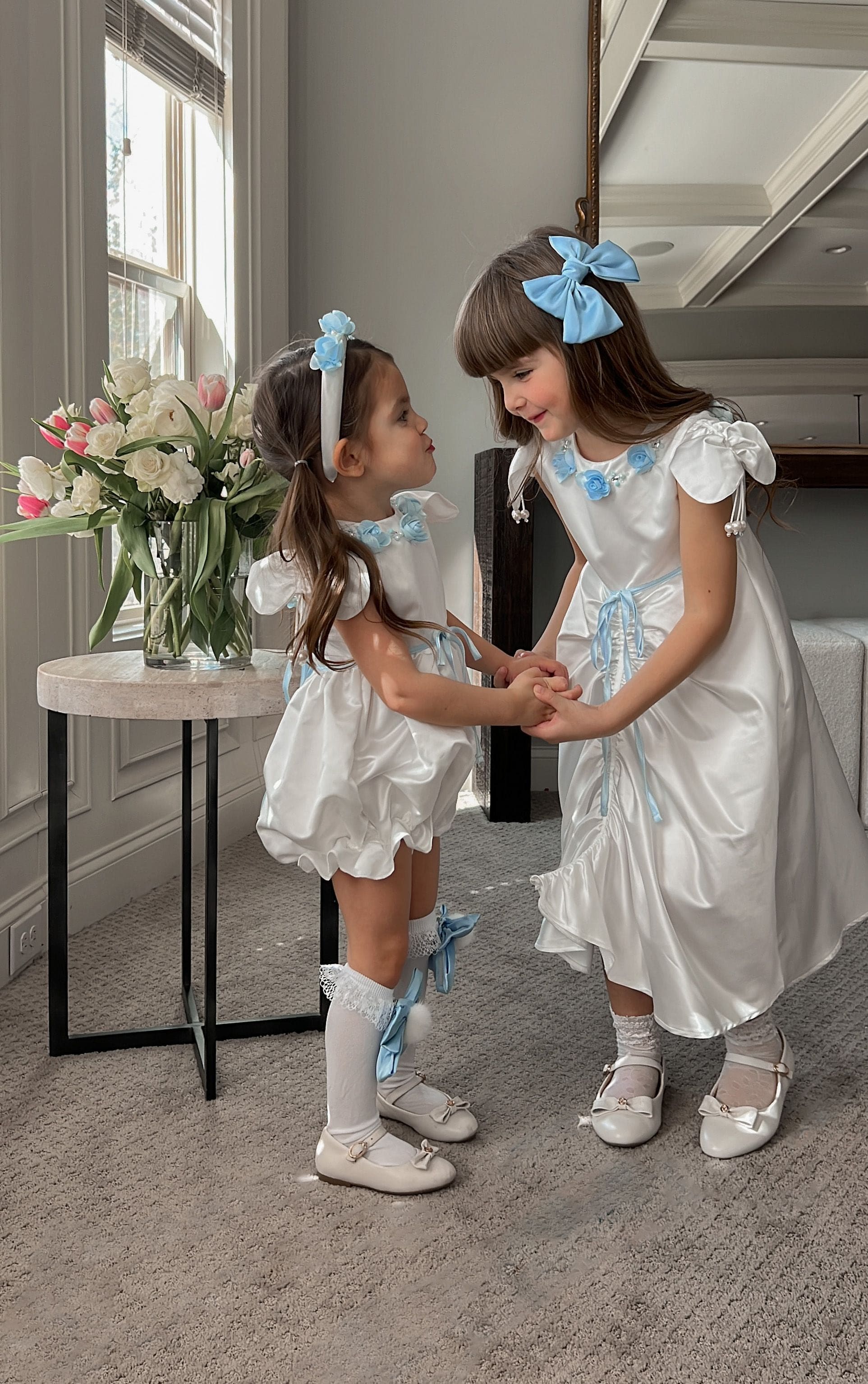 Daphne White Satin Dress with Blue Embroidery - Image 26
