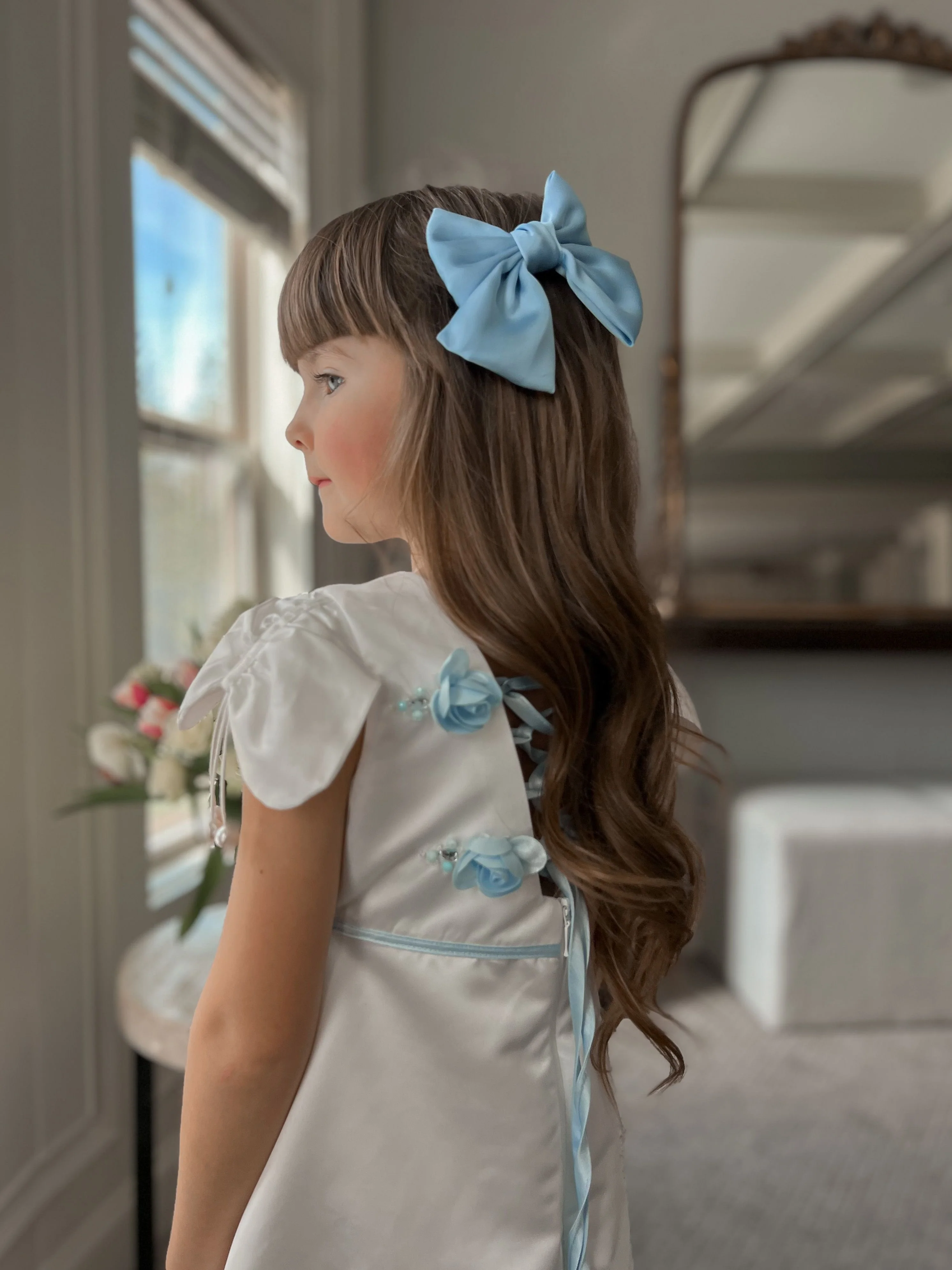Daphne White Satin Dress with Blue Embroidery - Image 27