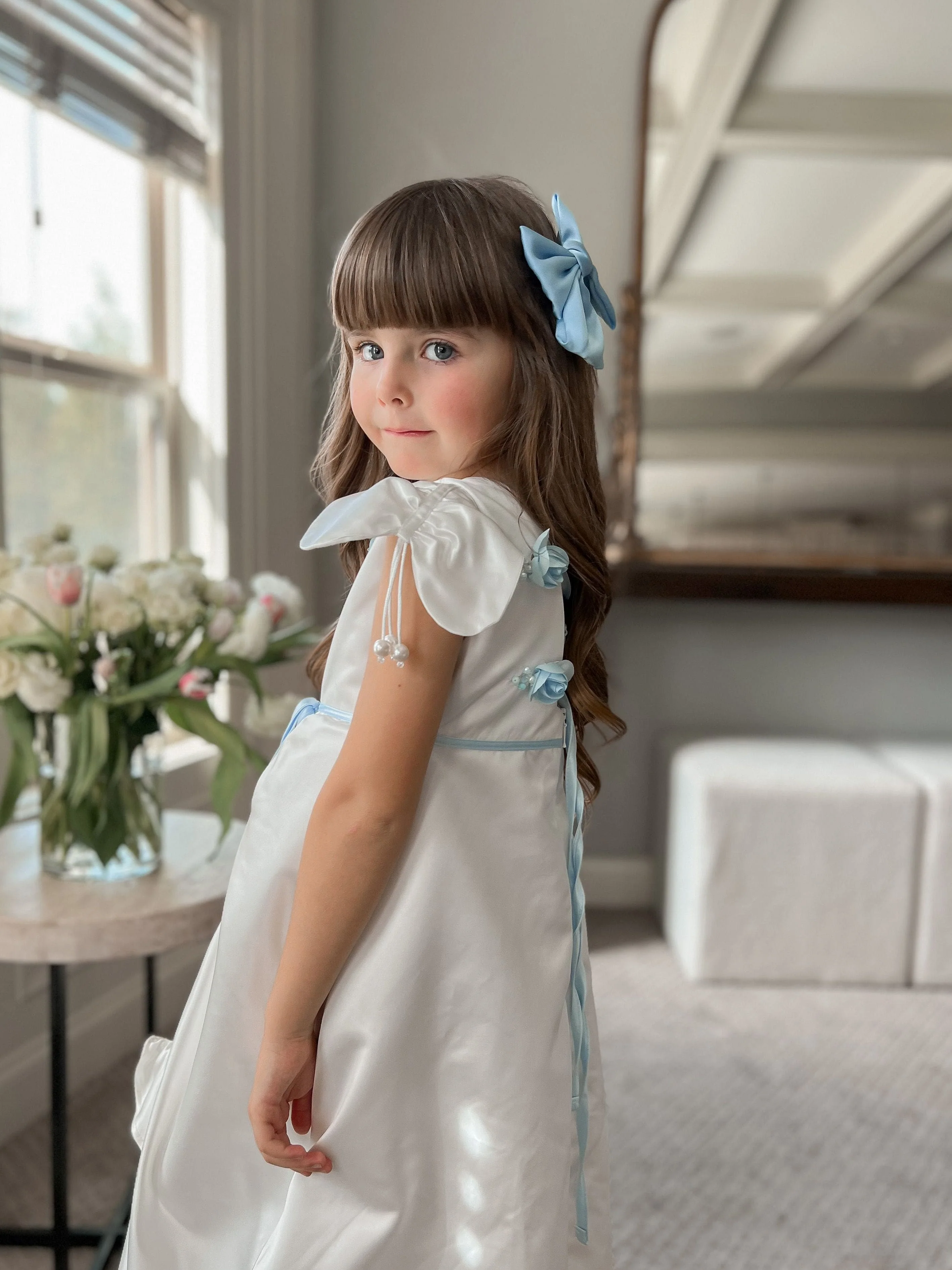 Daphne White Satin Dress with Blue Embroidery - Image 28