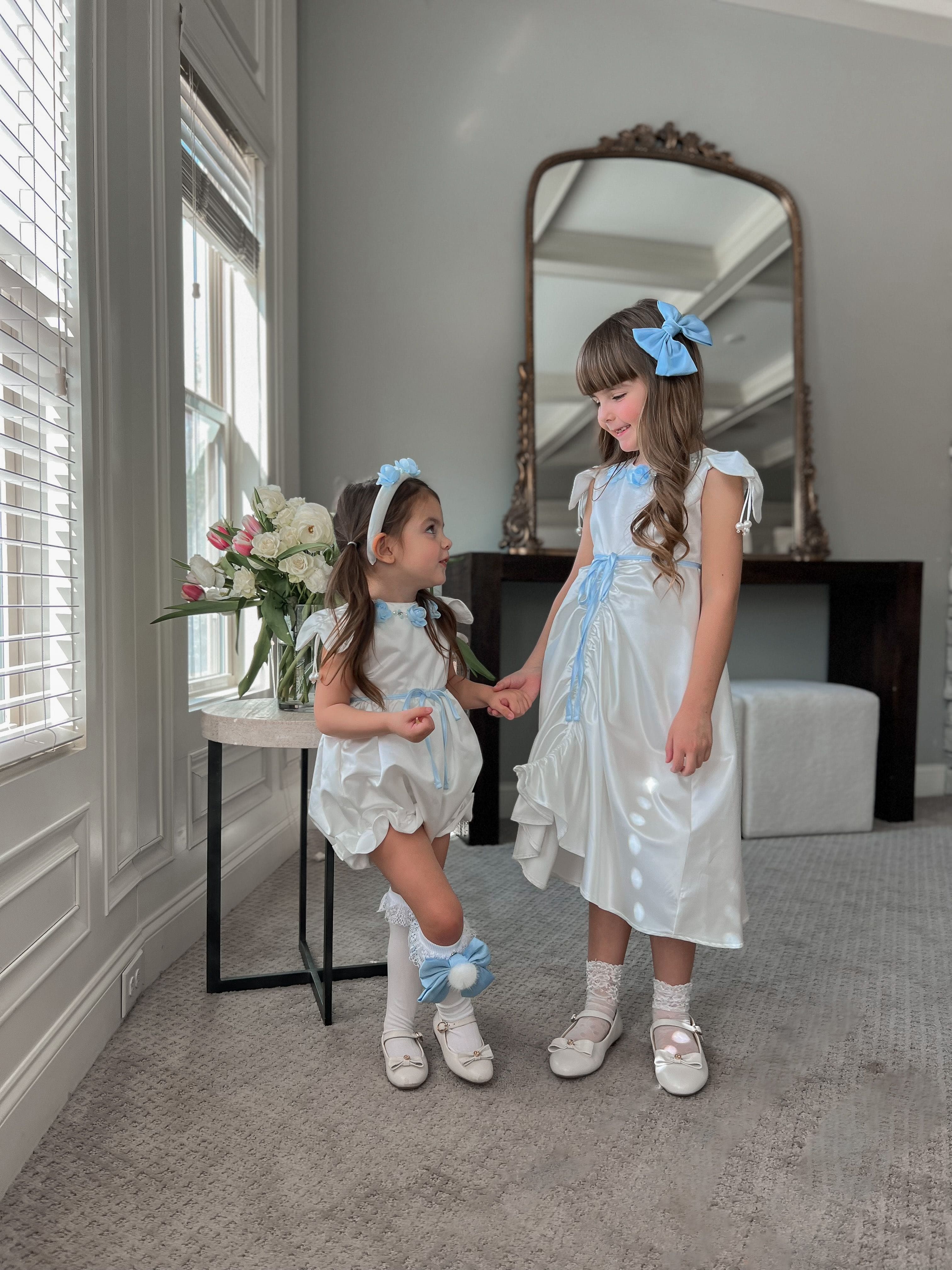 Daphne White Satin Dress with Blue Embroidery - Image 29