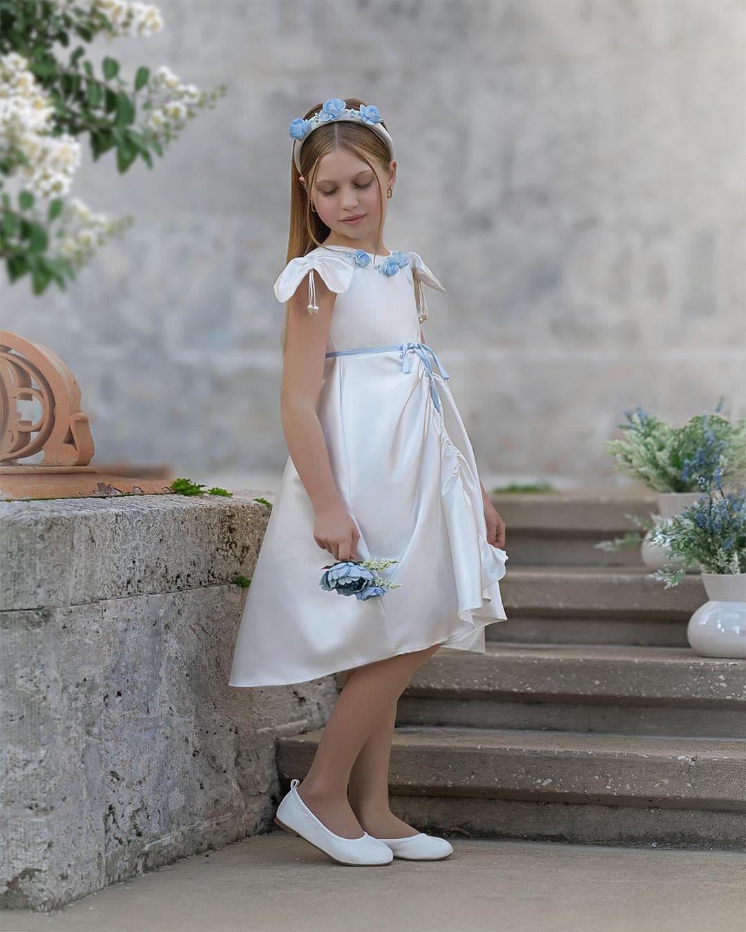 Daphne White Satin Dress with Blue Embroidery - Image 3