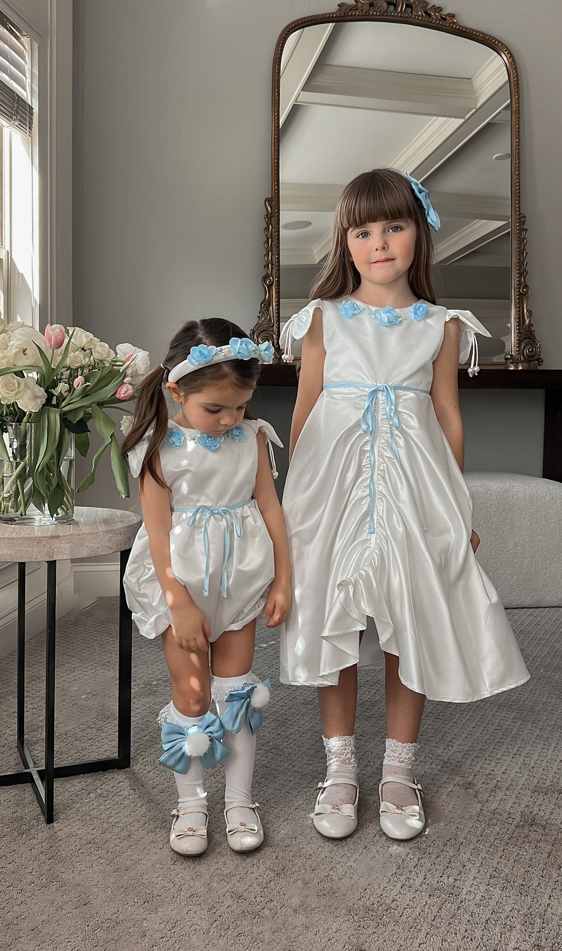 Daphne White Satin Dress with Blue Embroidery - Image 30