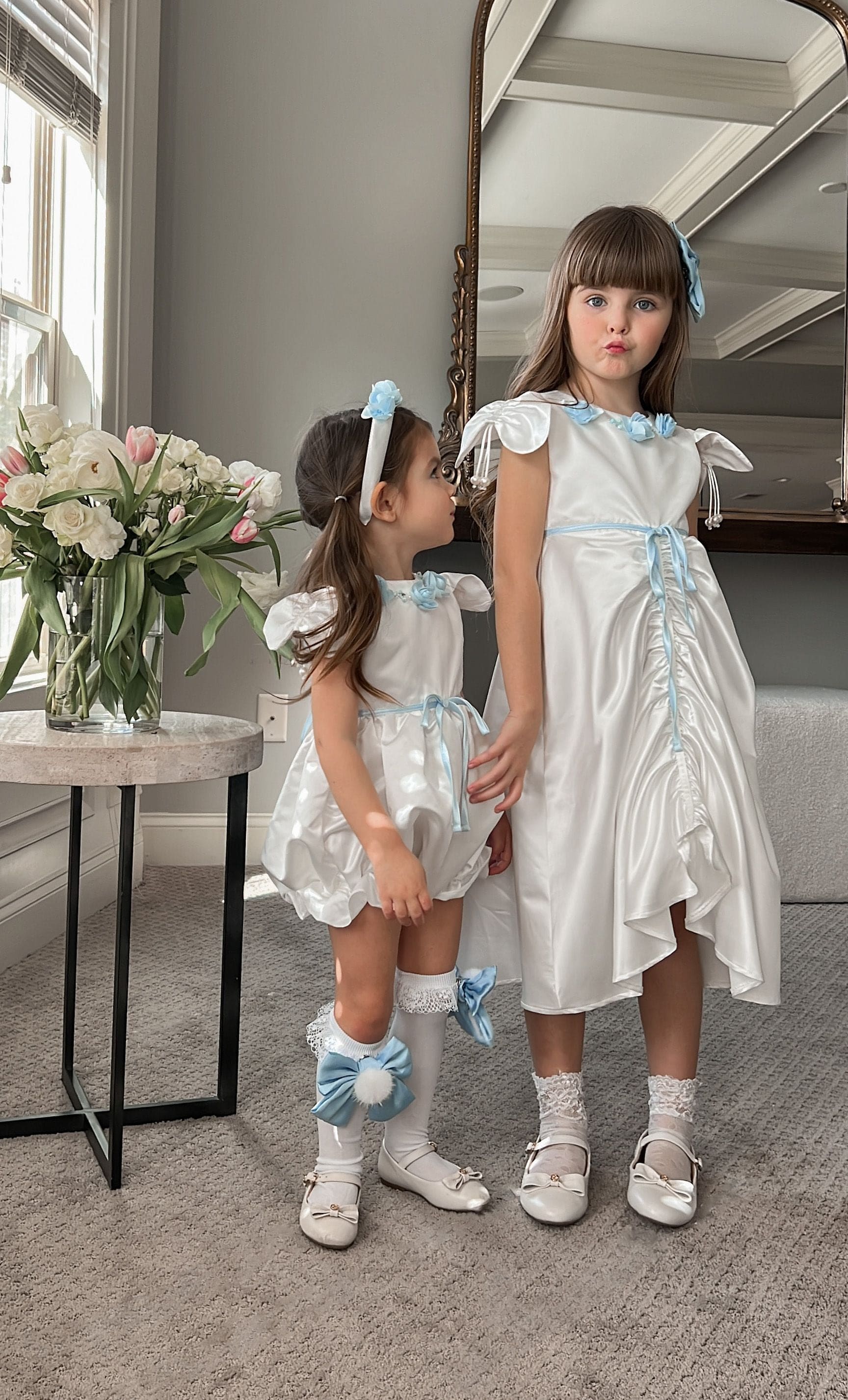 Daphne White Satin Dress with Blue Embroidery - Image 31