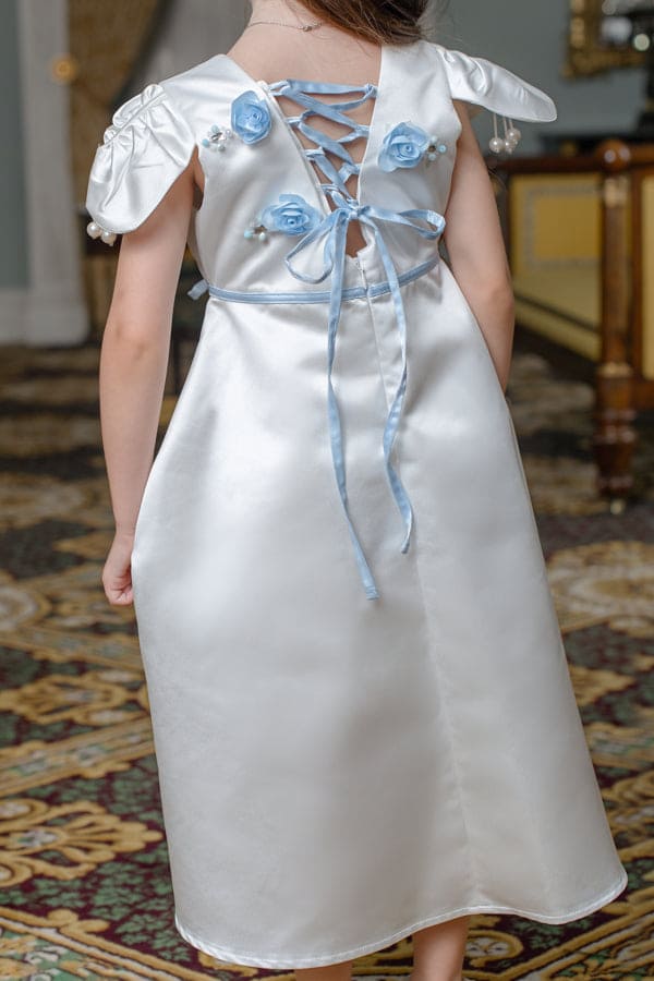 Daphne White Satin Dress with Blue Embroidery - Image 4