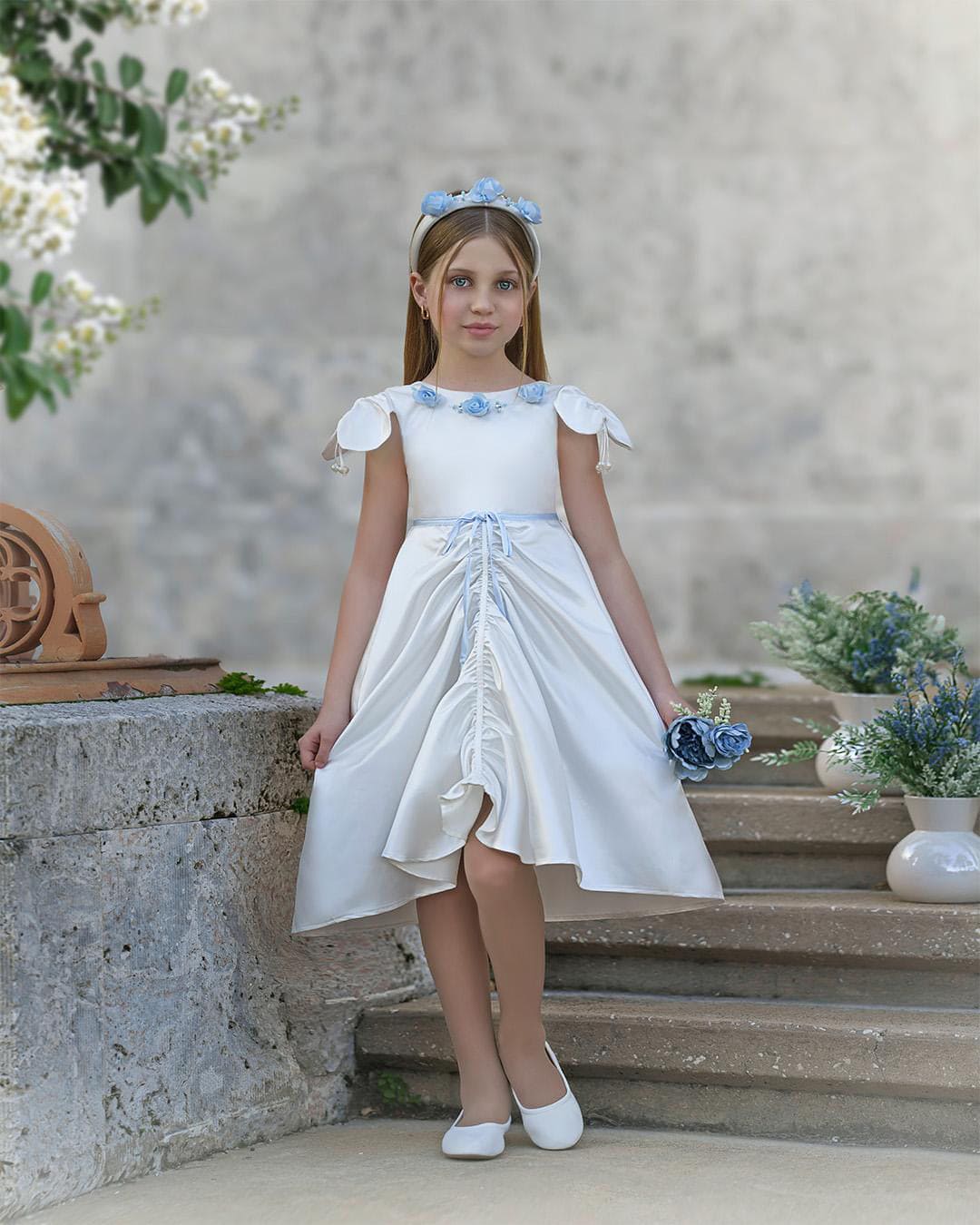 Daphne White Satin Dress with Blue Embroidery - Image 5