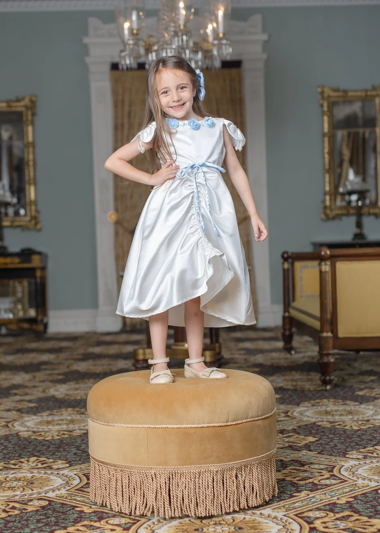 Daphne White Satin Dress with Blue Embroidery - Image 6