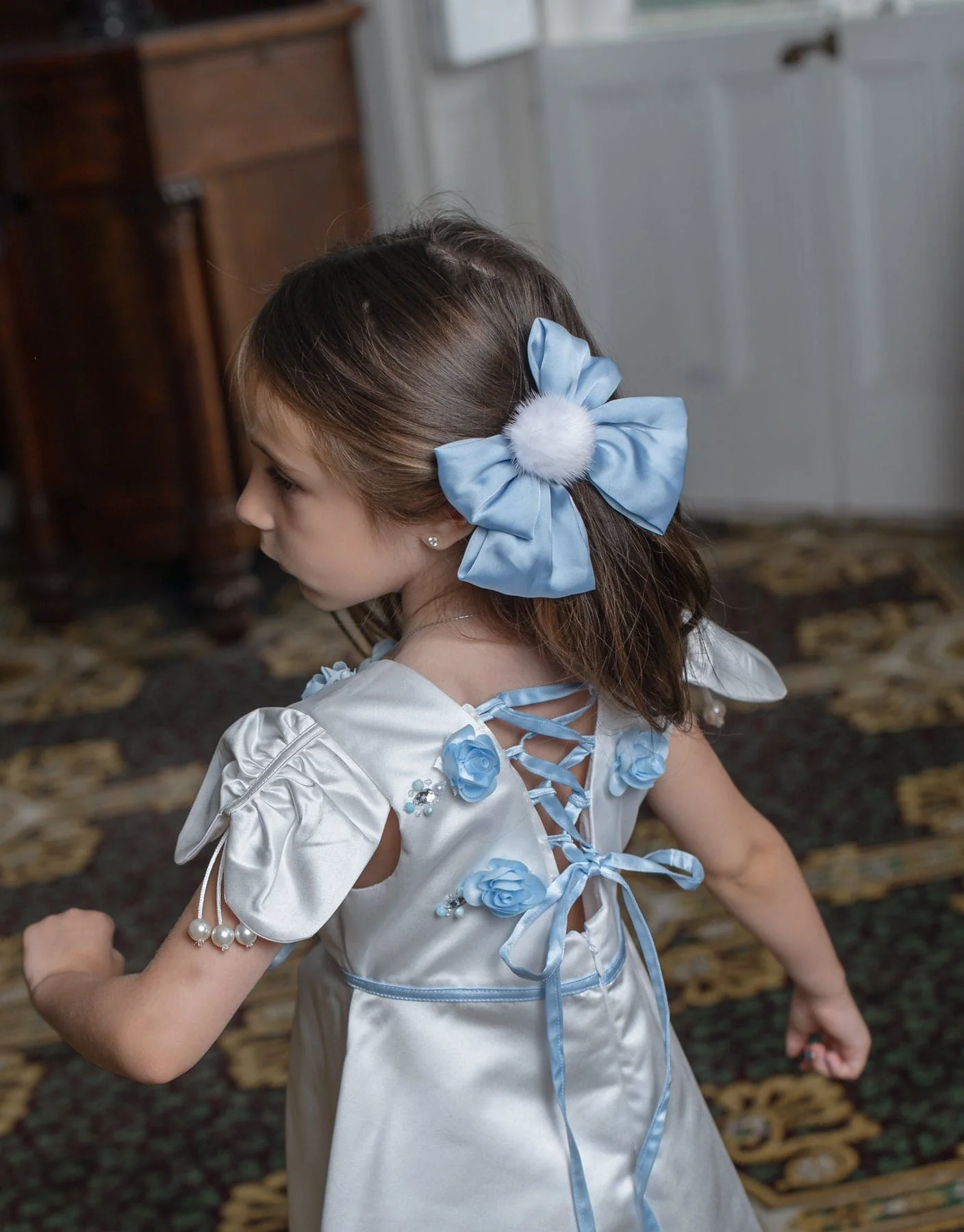 Daphne White Satin Dress with Blue Embroidery - Image 7
