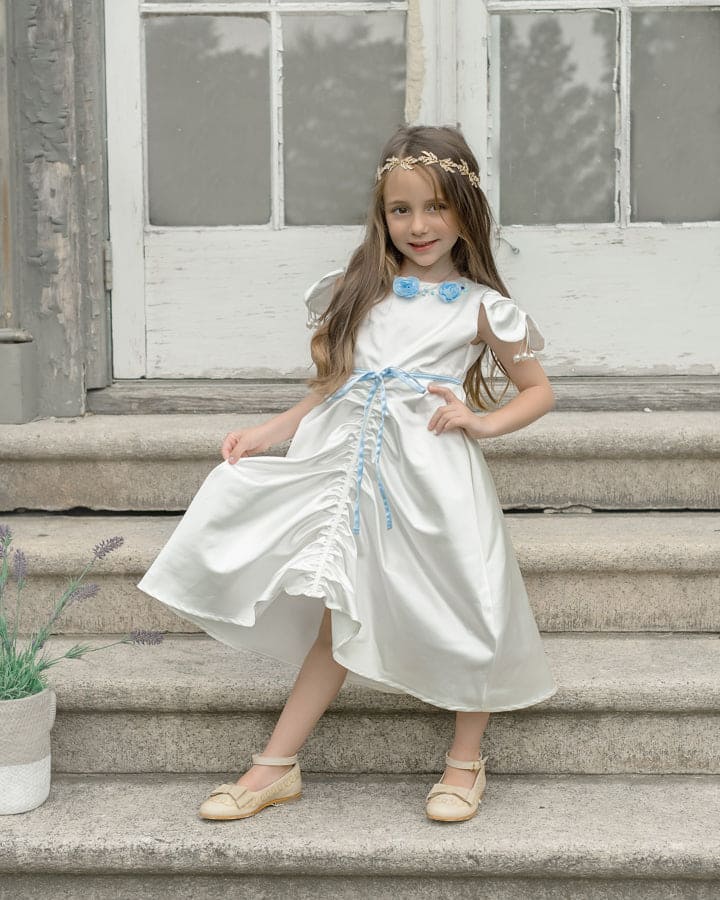 Daphne White Satin Dress with Blue Embroidery - Image 8