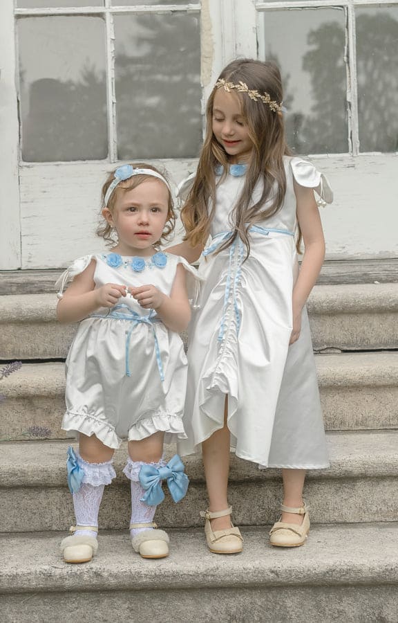Daphne White Satin Dress with Blue Embroidery - Image 9