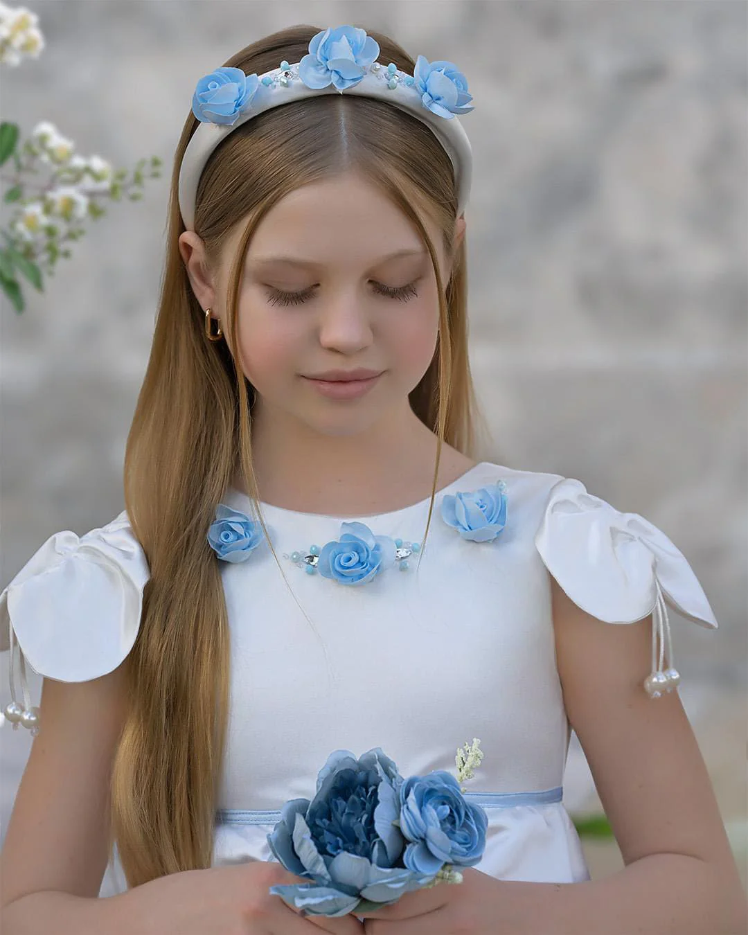 Daphne White Satin Headband with Blue Embroidery - Image 2