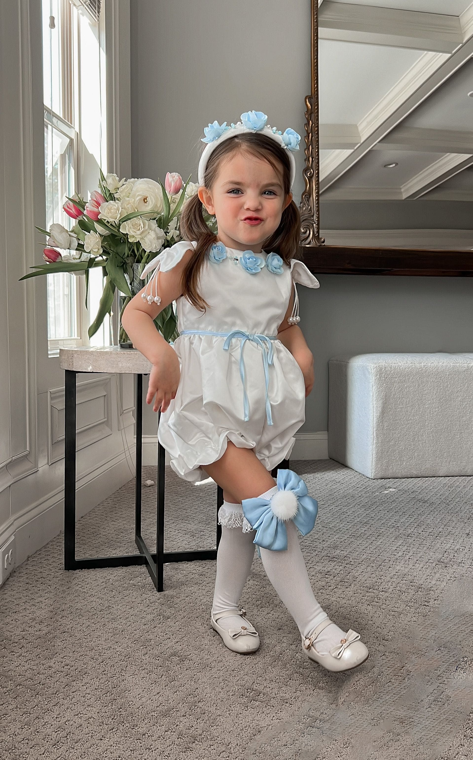 Daphne White Satin Romper with Blue Embroidery - Image 10