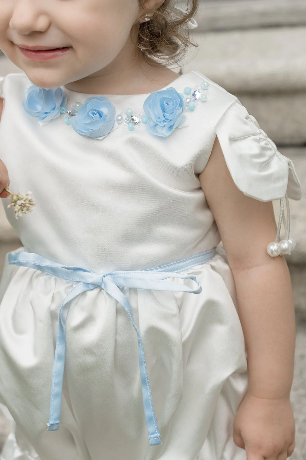 Daphne White Satin Romper with Blue Embroidery - Image 11