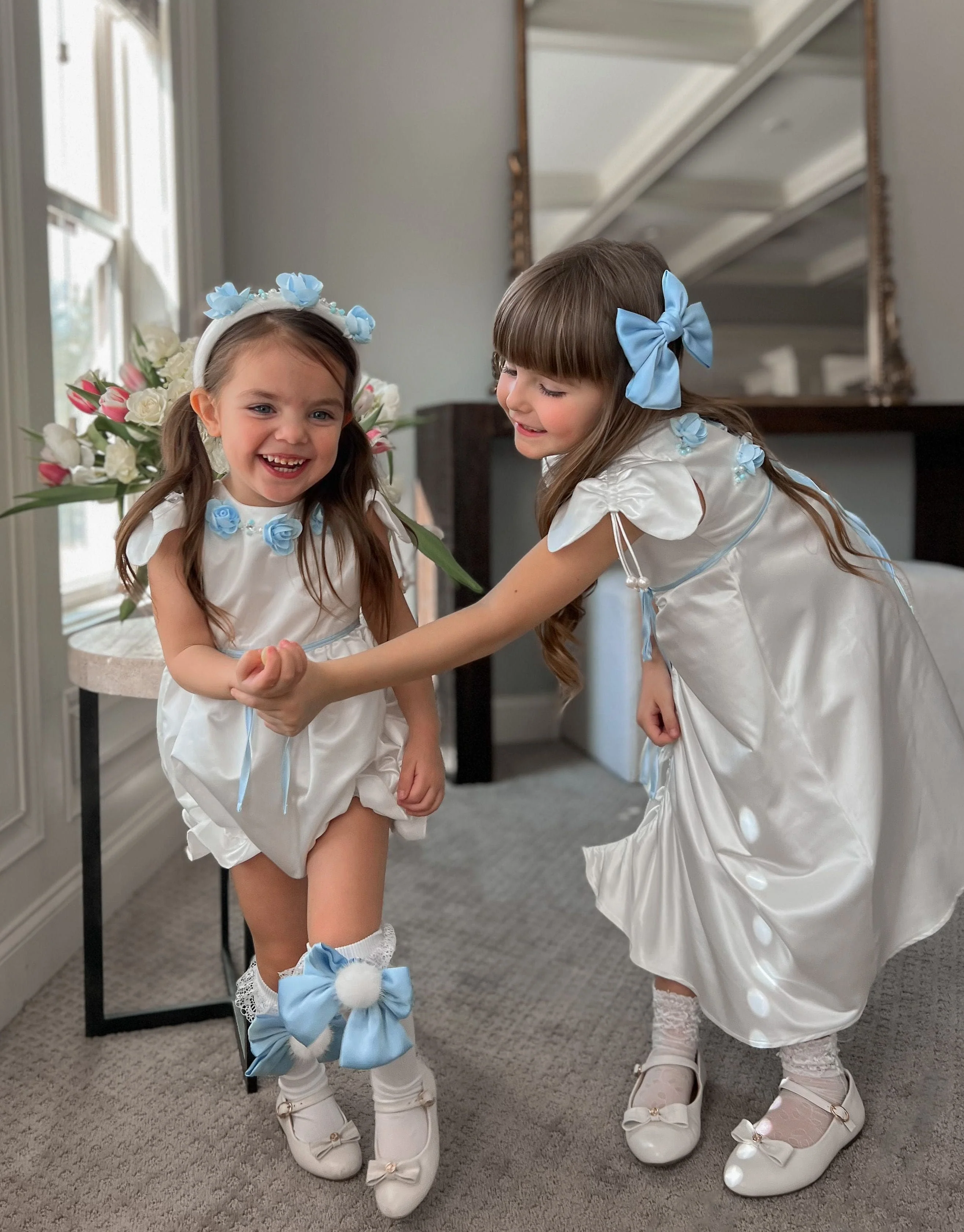 Daphne White Satin Romper with Blue Embroidery - Image 12