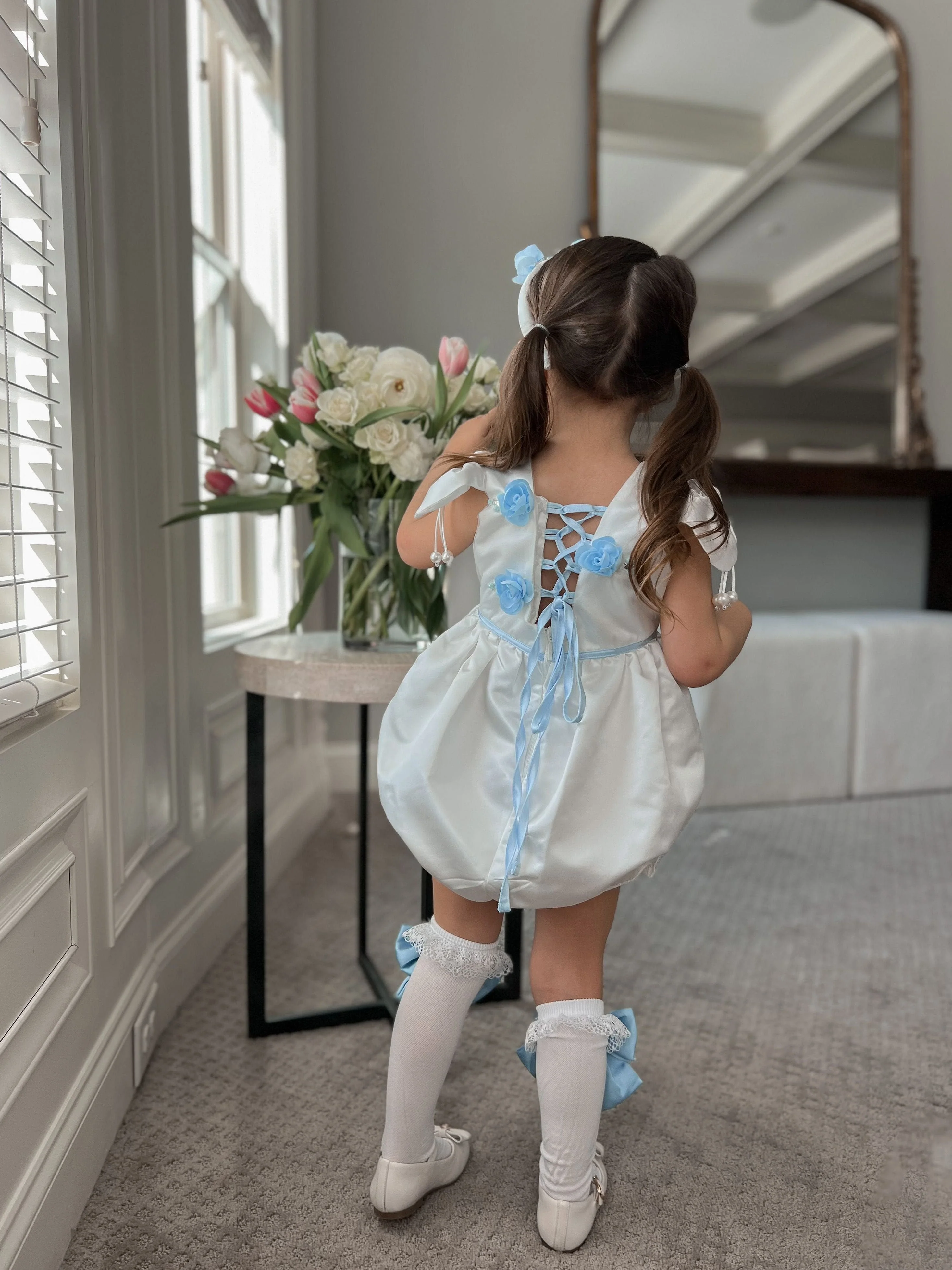 Daphne White Satin Romper with Blue Embroidery - Image 14