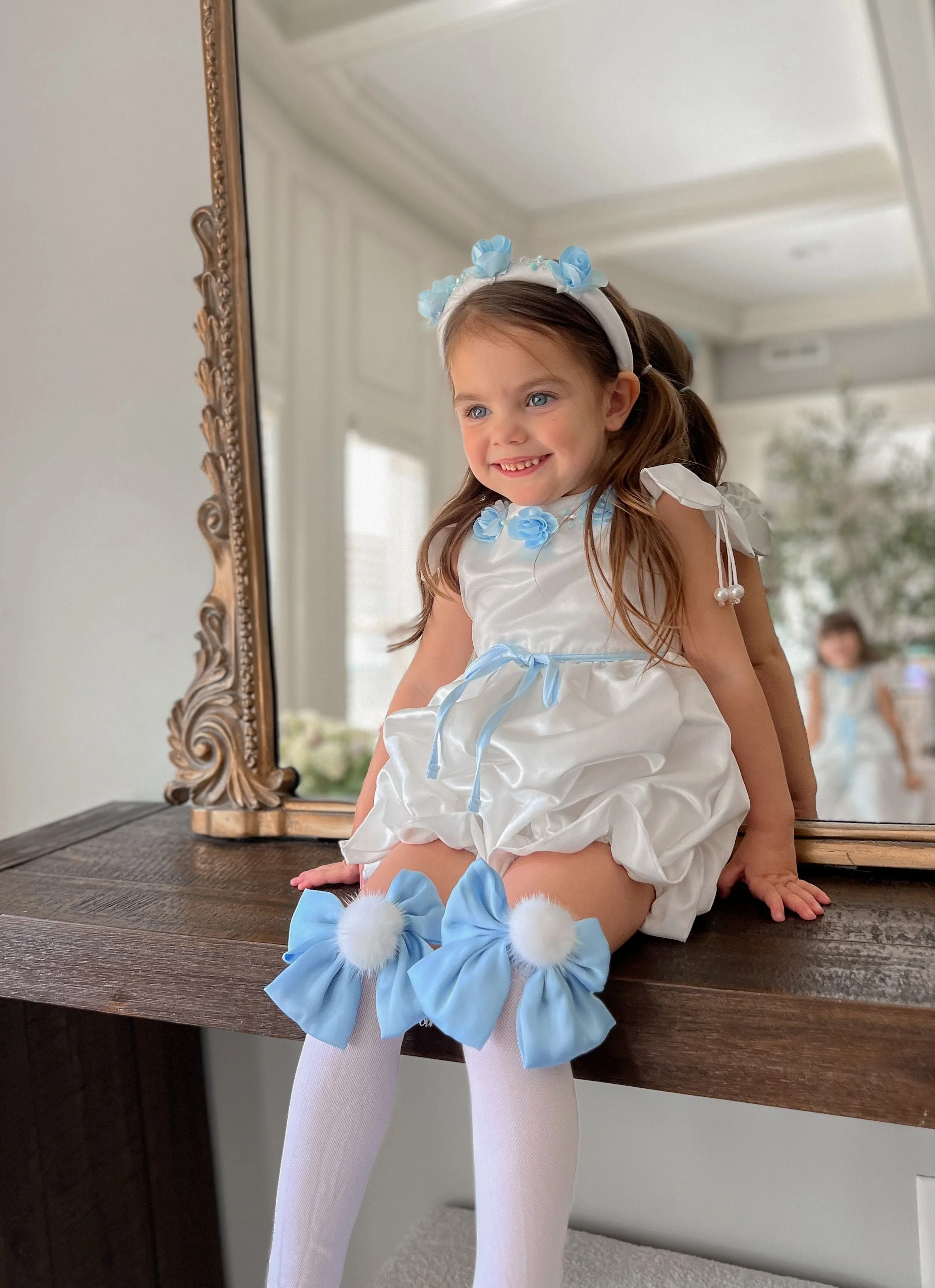 Daphne White Satin Romper with Blue Embroidery - Image 17