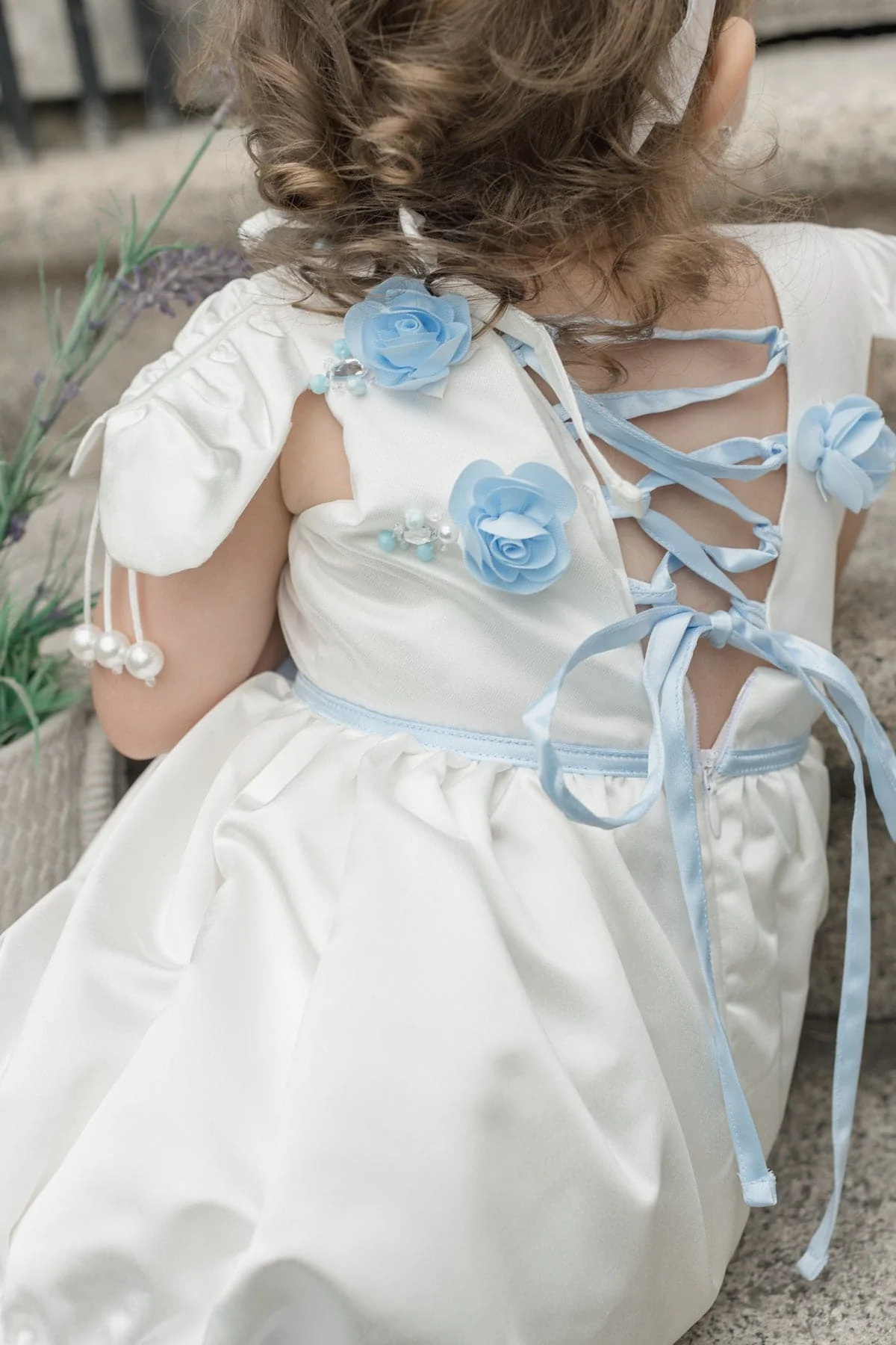 Daphne White Satin Romper with Blue Embroidery - Image 3