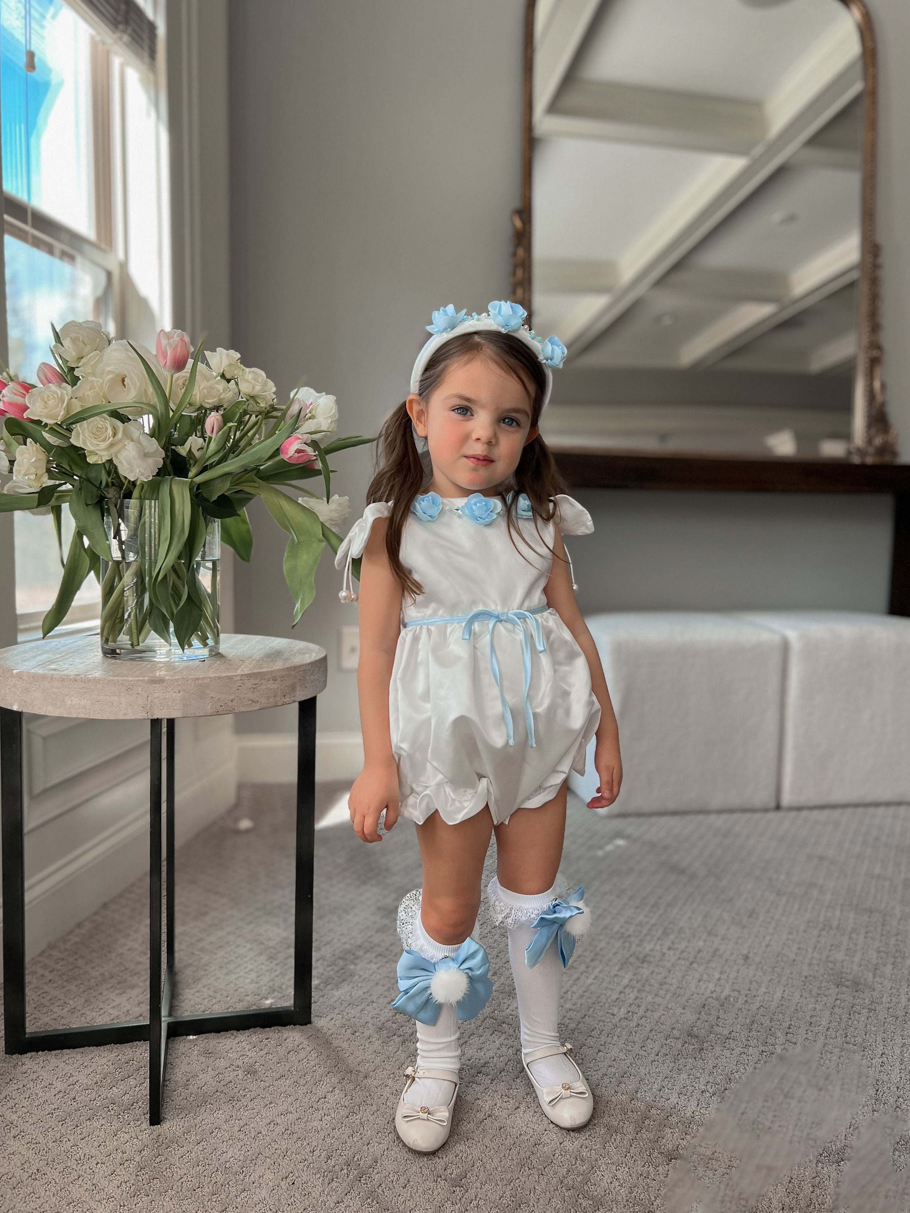 Daphne White Satin Romper with Blue Embroidery - Image 6