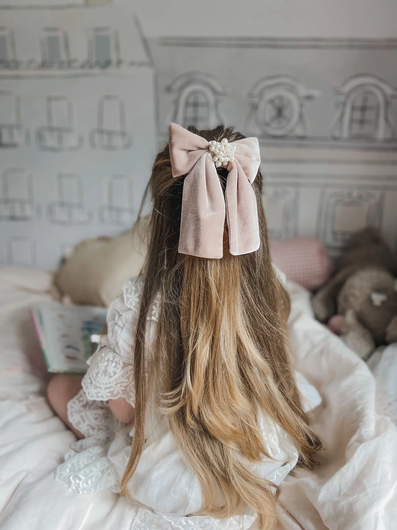 Dusty Pink Velour Hair Bow - Image 5