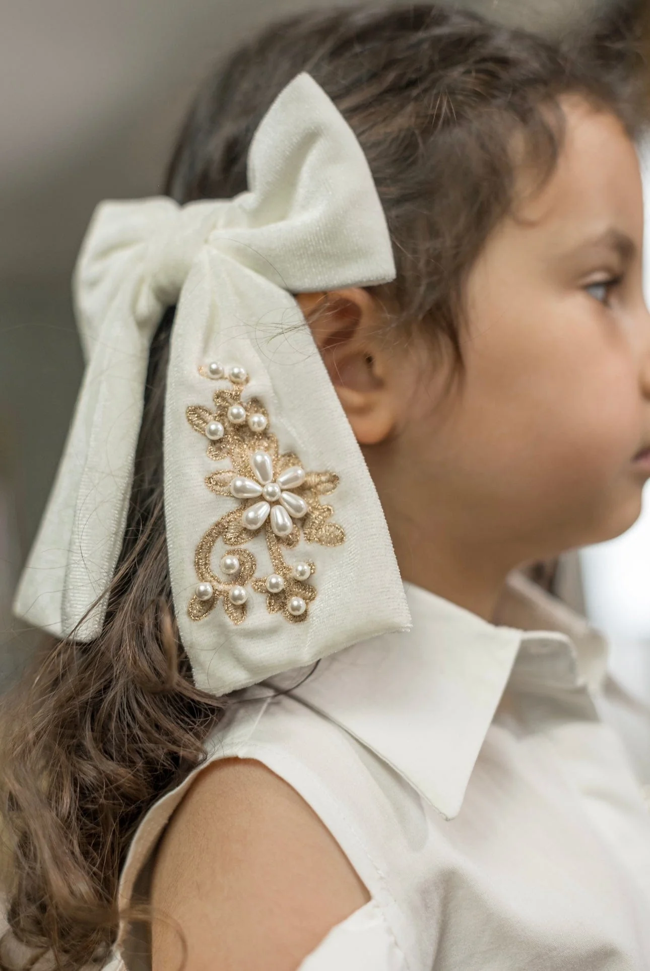 Embroidered Velvet Pearl Hair Bows - Image 2