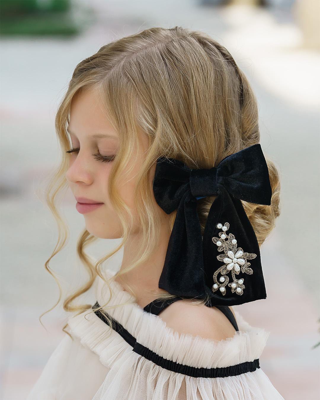Embroidered Velvet Pearl Hair Bows - Image 3