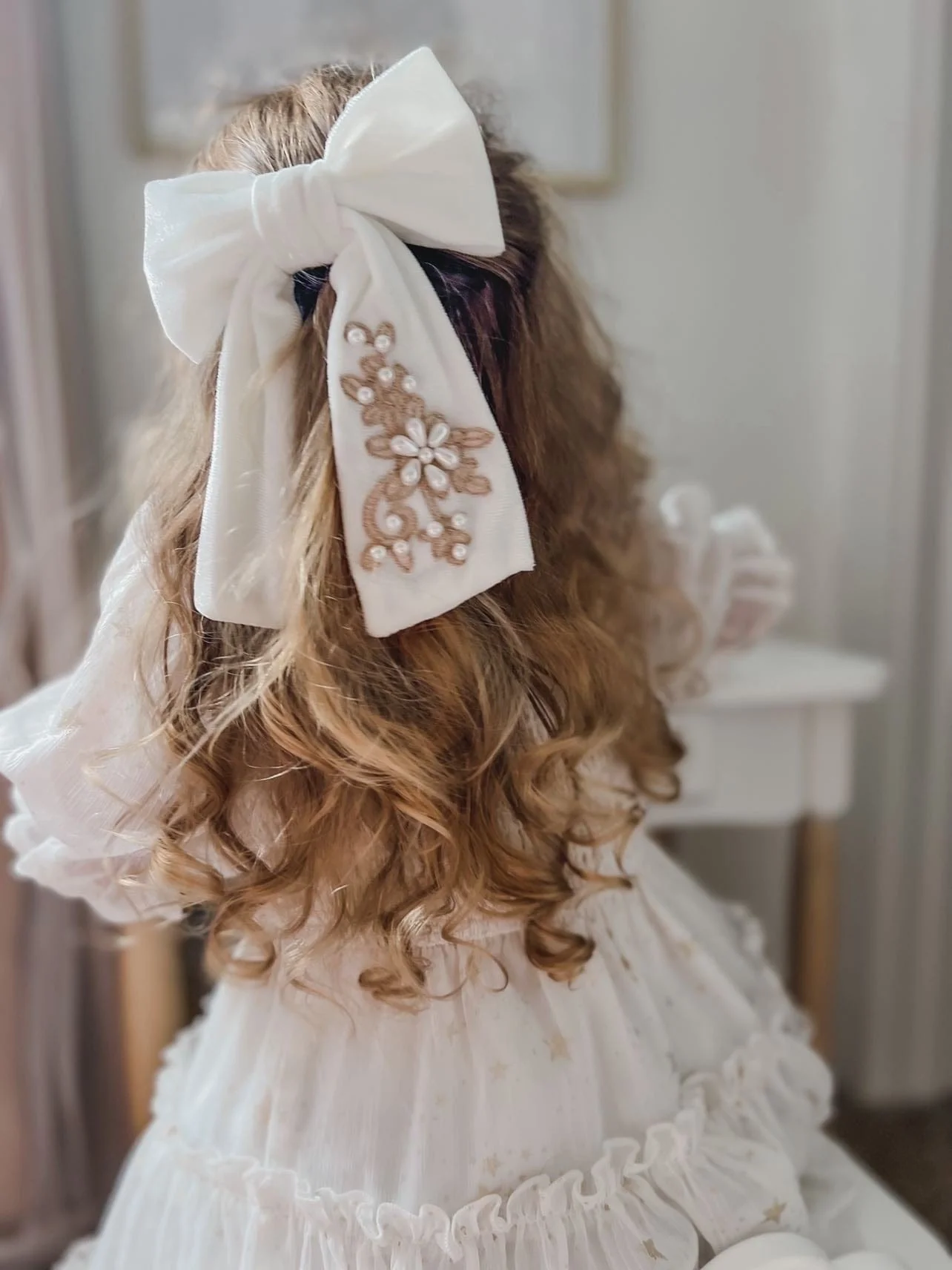 Embroidered Velvet Pearl Hair Bows - Image 4