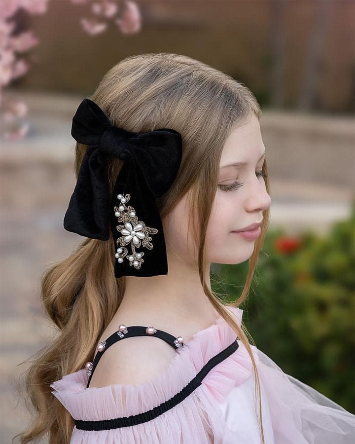 Embroidered Velvet Pearl Hair Bows - Image 5