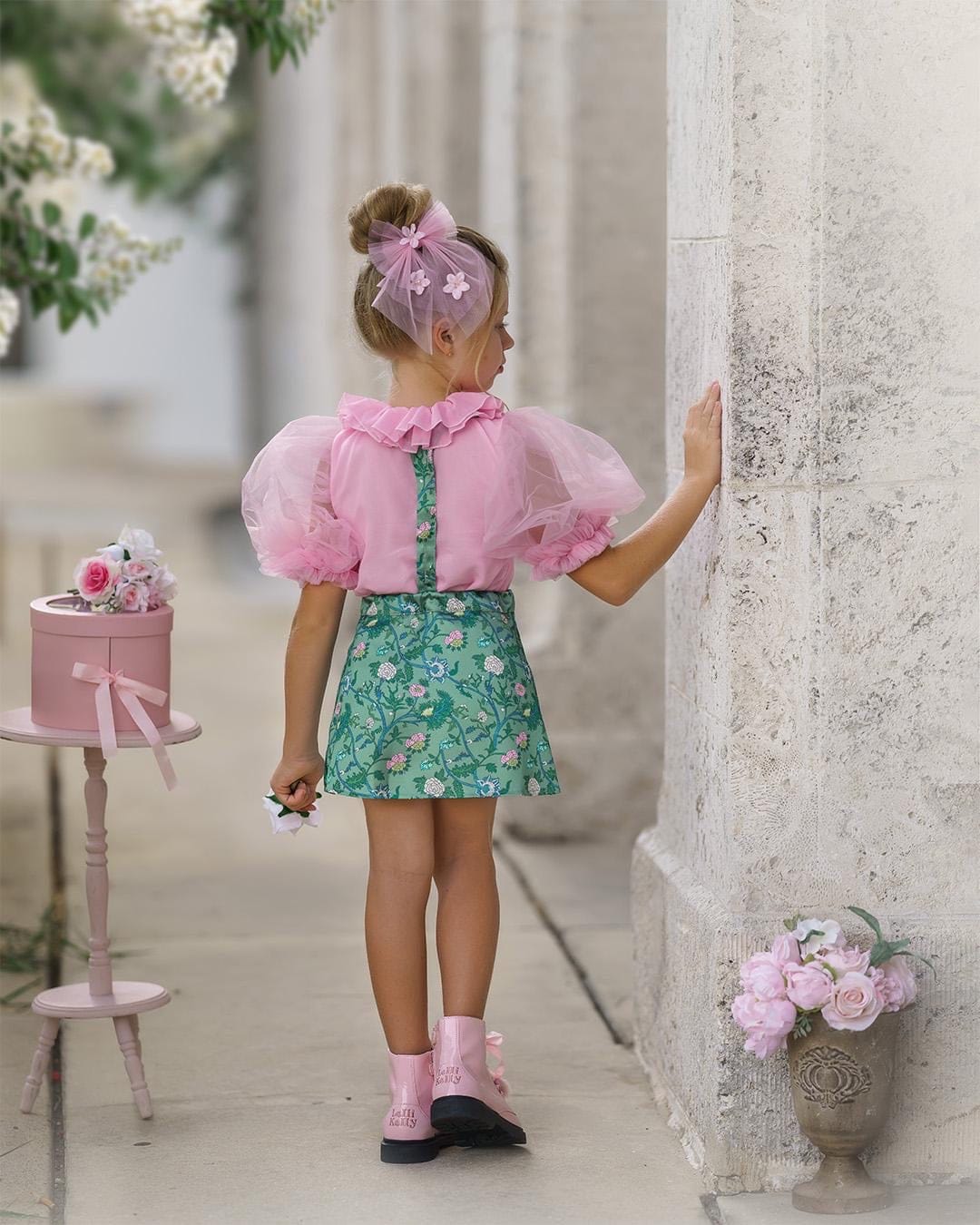 Eva Skirt and Blouse Pink and Green Floral Tulle Set - Image 12