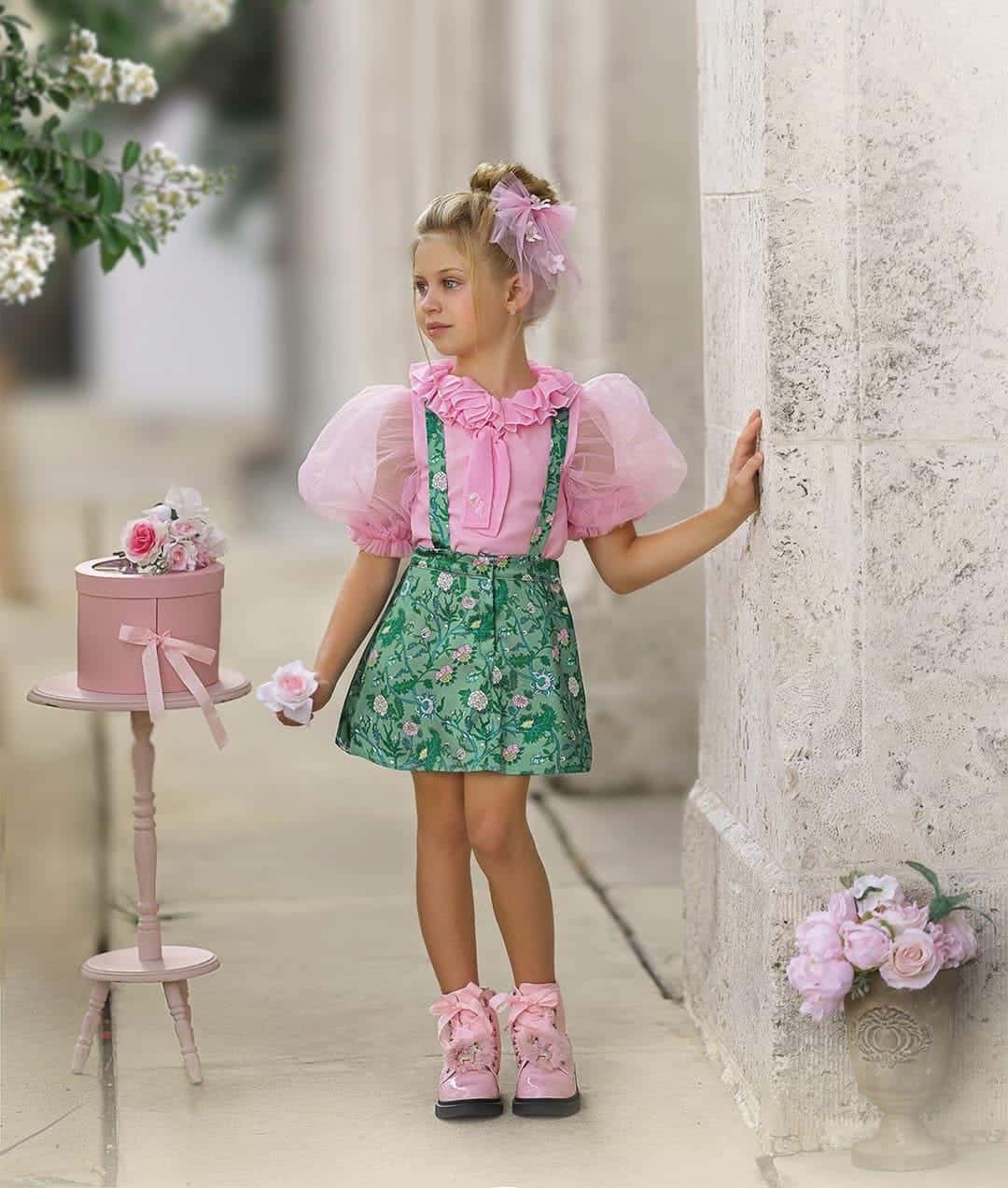Eva Skirt and Blouse Pink and Green Floral Tulle Set - Image 13