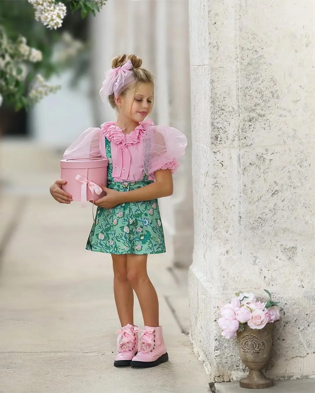 Eva Skirt and Blouse Pink and Green Floral Tulle Set - Image 2