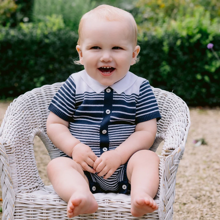Fabian Navy Blue and White Knitted Boys Romper - Image 3