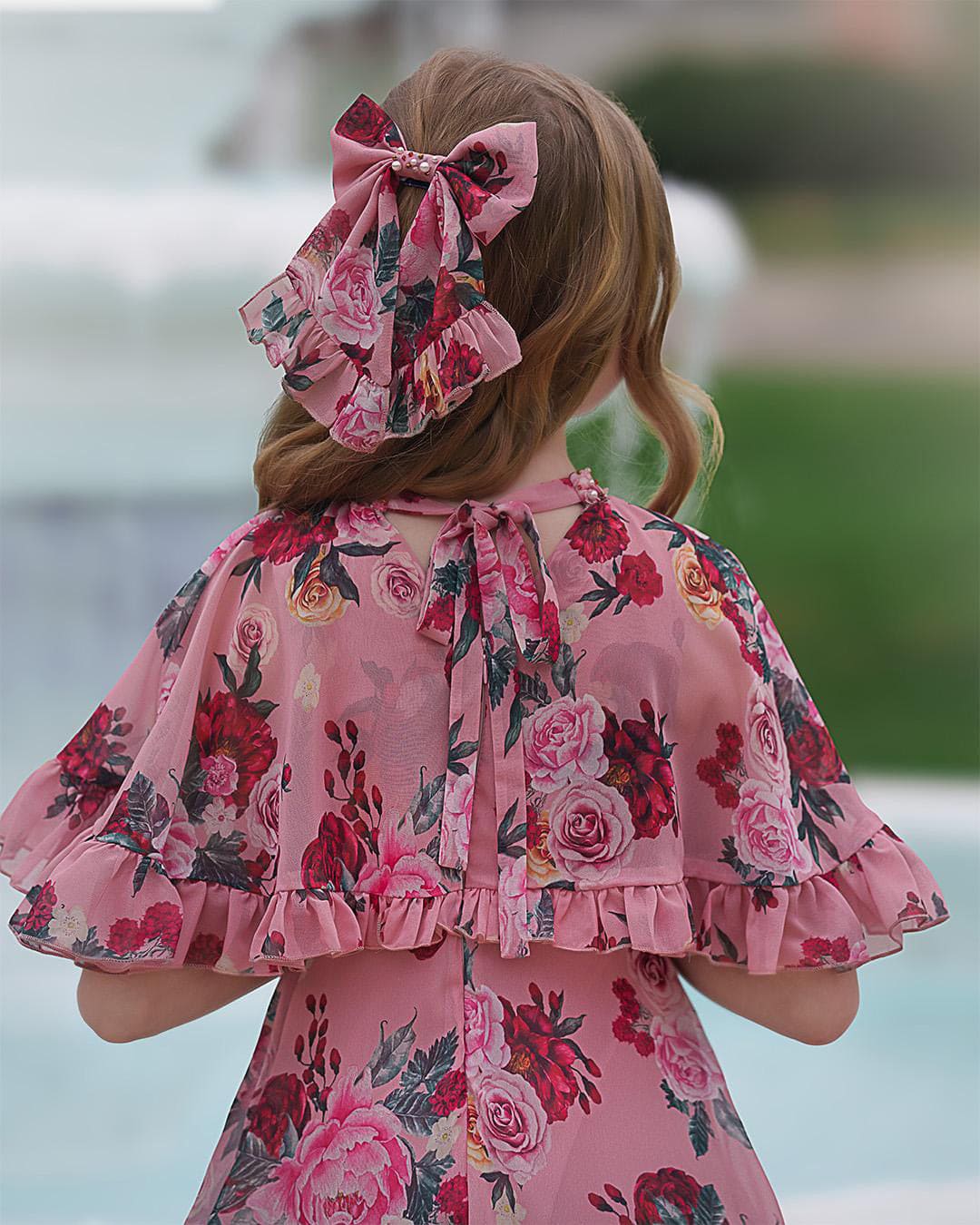 Flora Pink Floral Print Hair Bow - Image 5