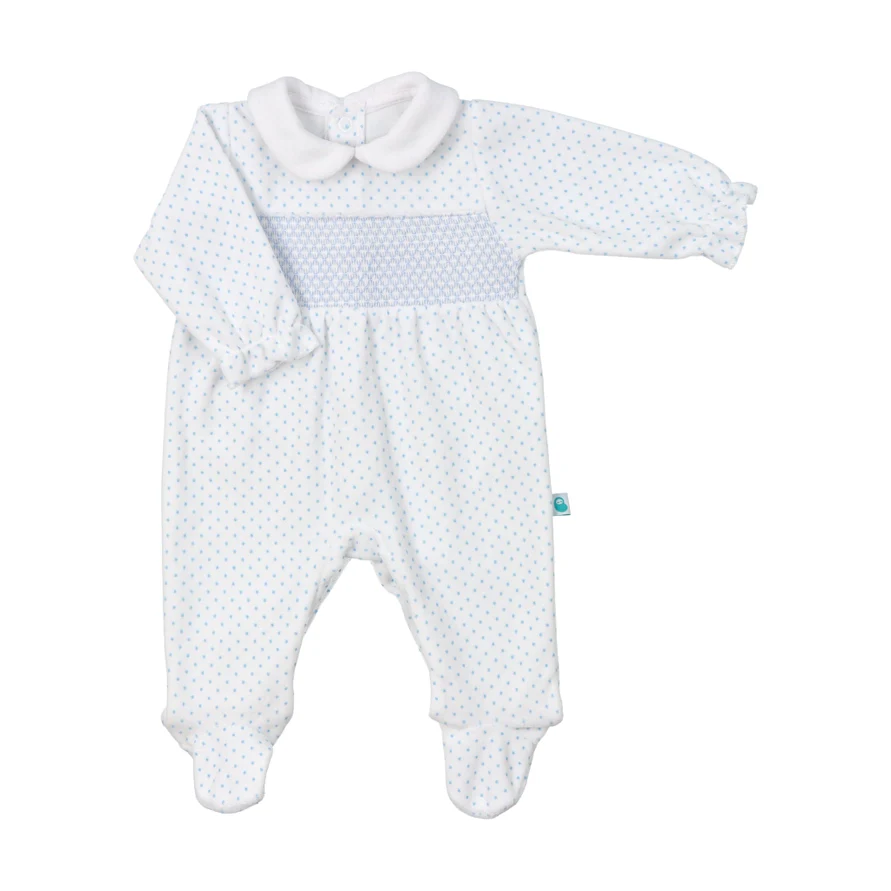 George White with Blue  Polka Dot Velour Babygrow