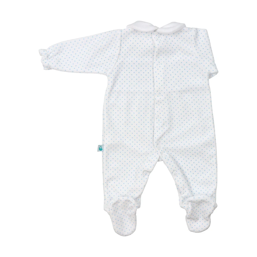George White with Blue  Polka Dot Velour Babygrow - Image 2