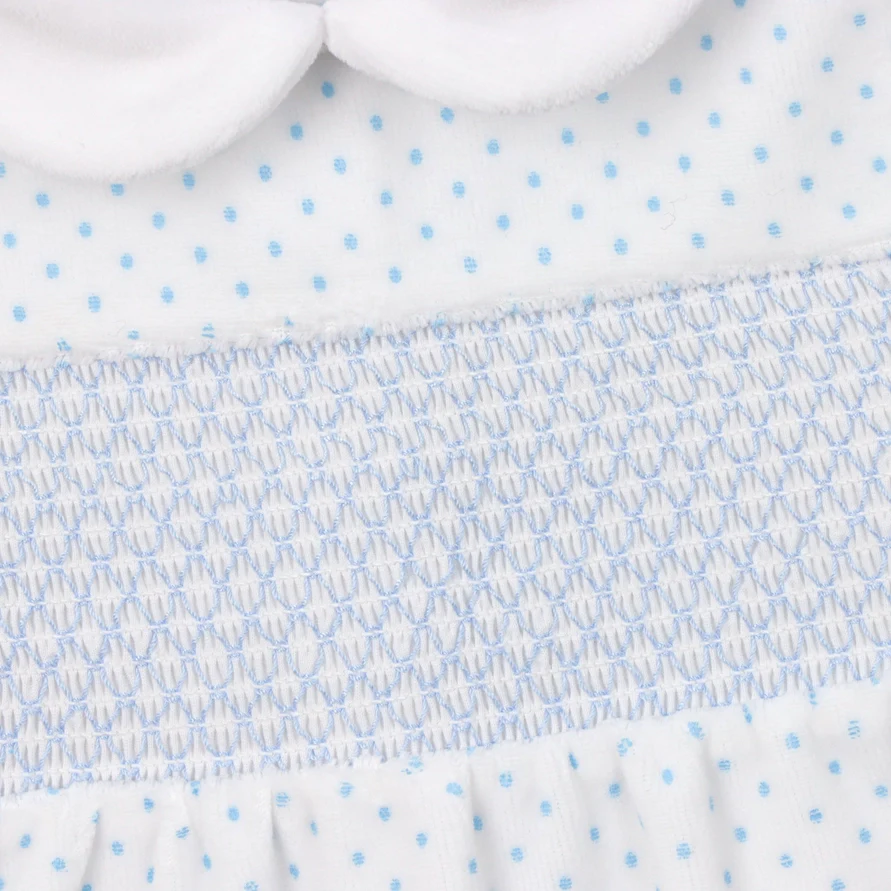 George White with Blue  Polka Dot Velour Babygrow - Image 4