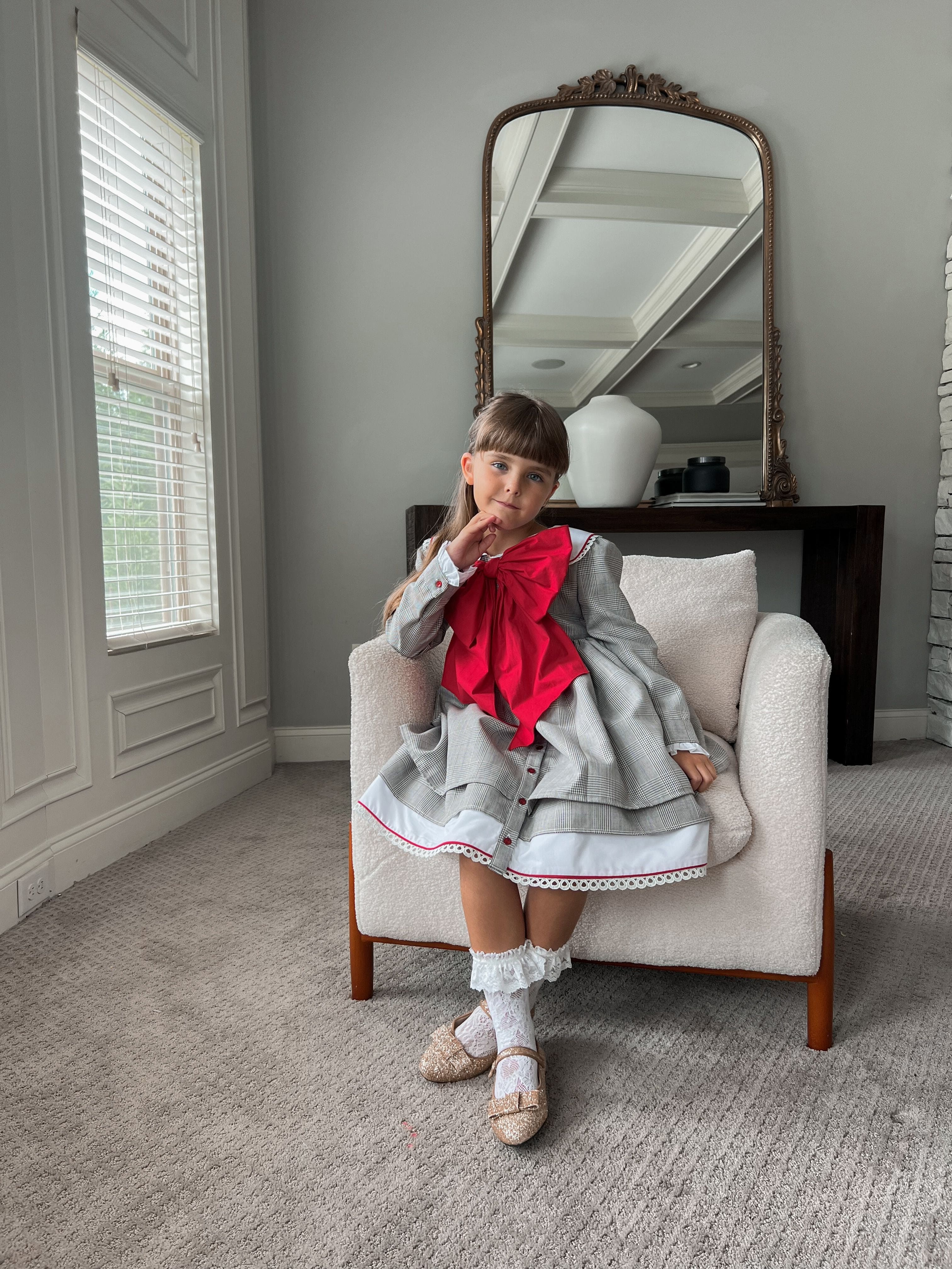 Georgina Tartan Print Dress with Red Bow - Image 5
