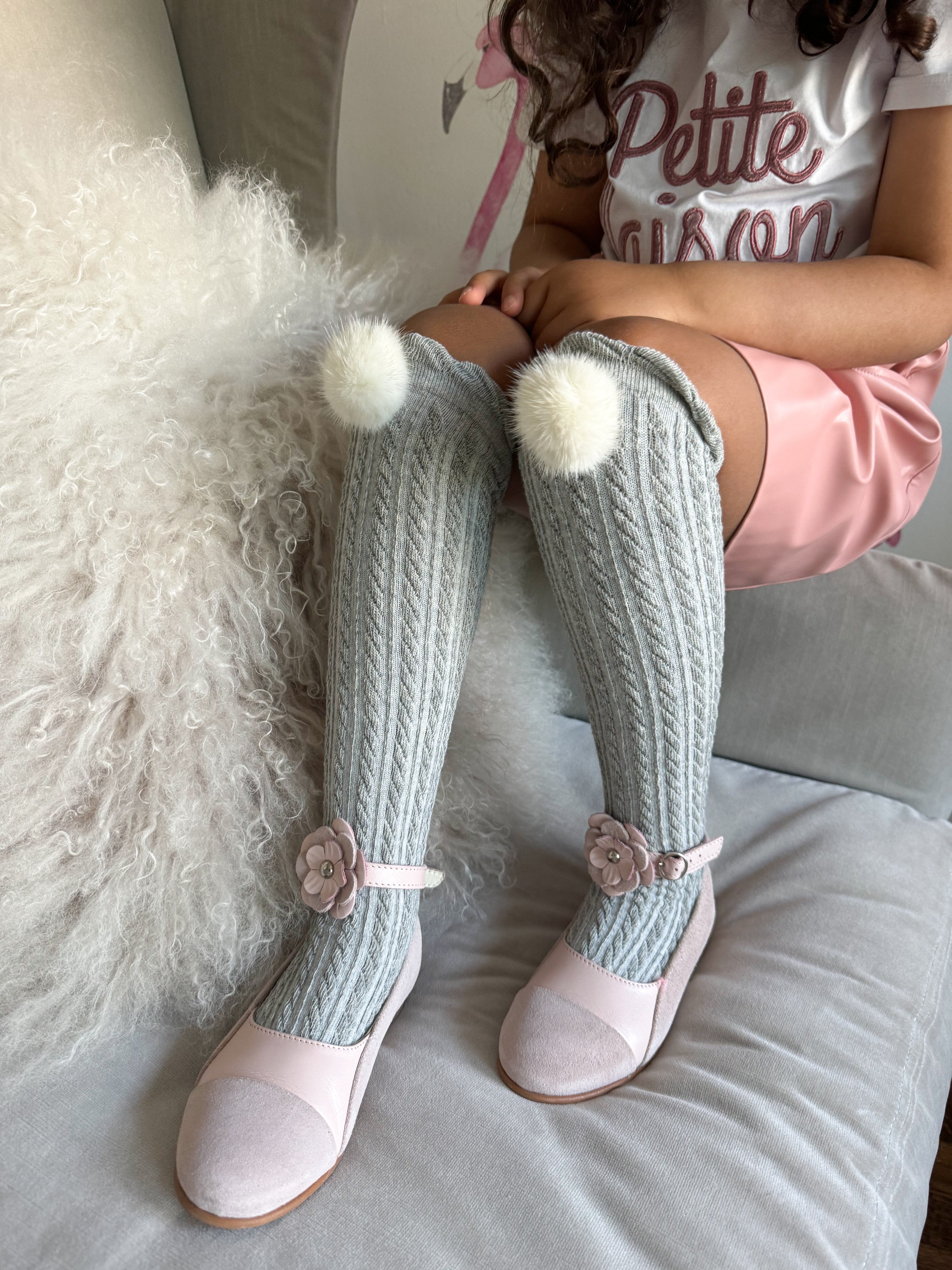Grey Knee High Socks with Poms - Image 3